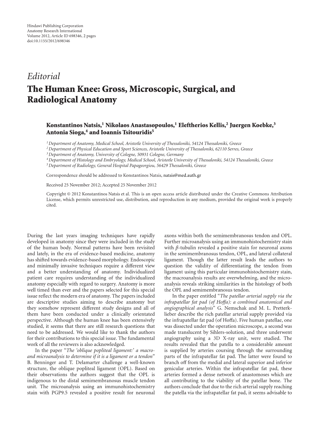 Editorial the Human Knee: Gross, Microscopic, Surgical, and Radiological Anatomy