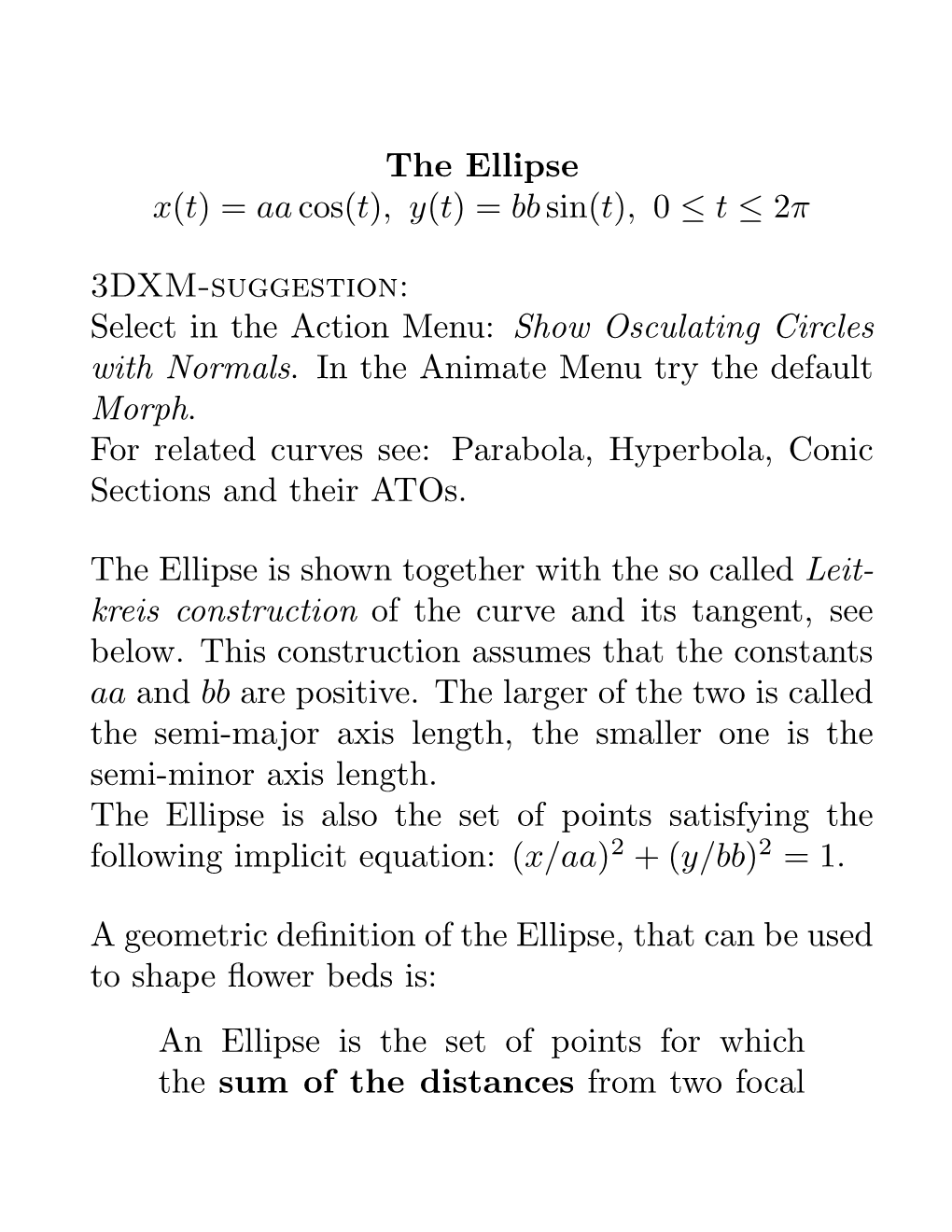 The Ellipse X(T) = Aa Cos(T), Y(T) = Bb Sin(T), 0 ≤ T ≤ 2Π