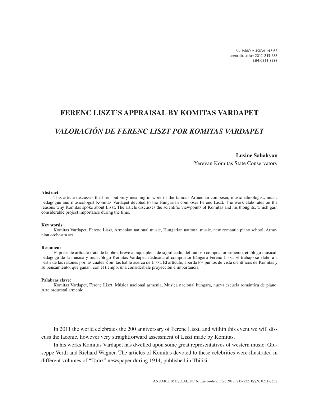 FERENC LISZT's APPRAISAL by KOMITAS VARDAPET 217 In