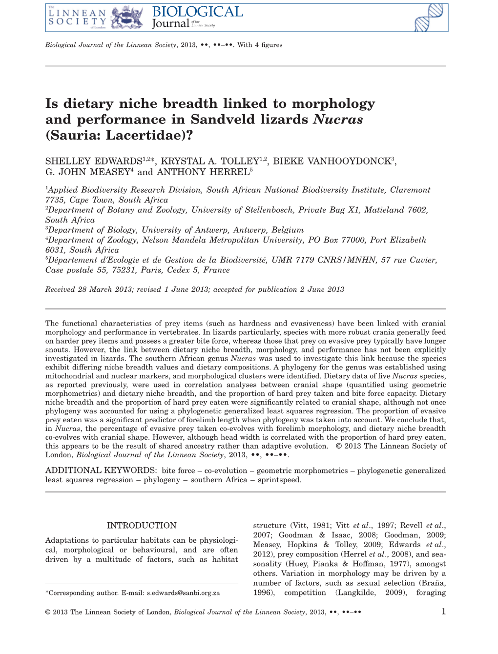 Is Dietary Niche Breadth Linked to Morphology and Performance in Sandveld Lizards Nucras (Sauria: Lacertidae)?