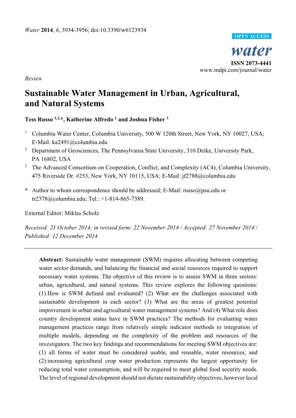 Sustainable Water Management in Urban, Agricultural, and Natural Systems