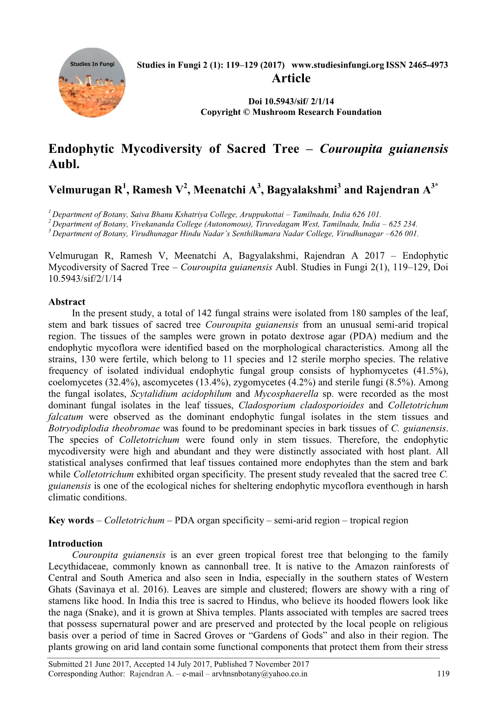 Endophytic Mycodiversity of Sacred Tree – Couroupita Guianensis Aubl