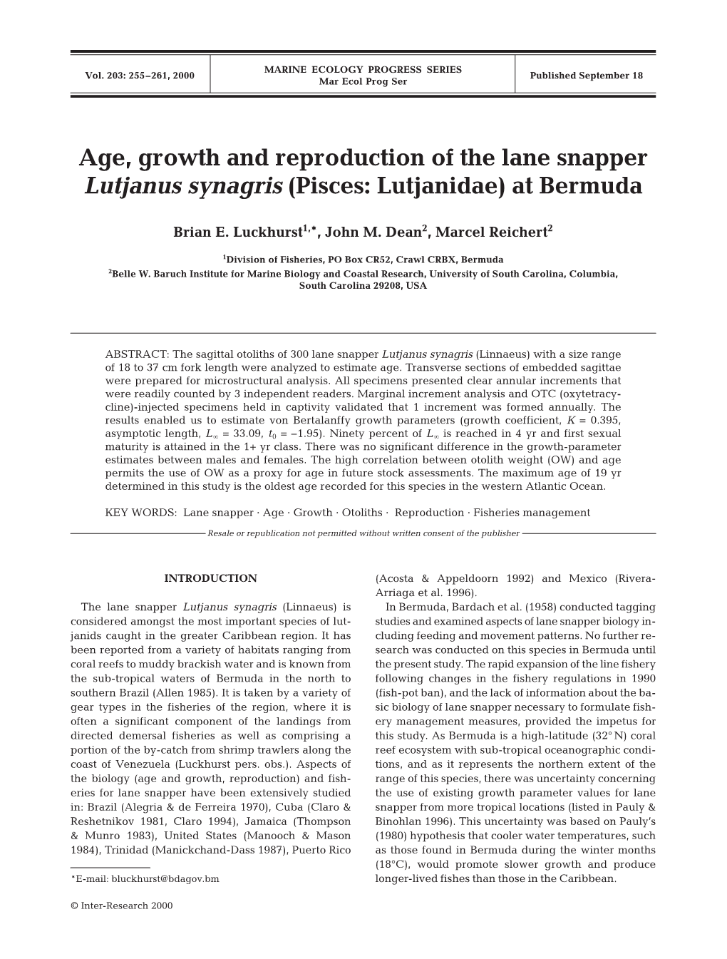 Age, Growth and Reproduction of the Lane Snapper Lutjanus Synagris (Pisces: Lutjanidae) at Bermuda