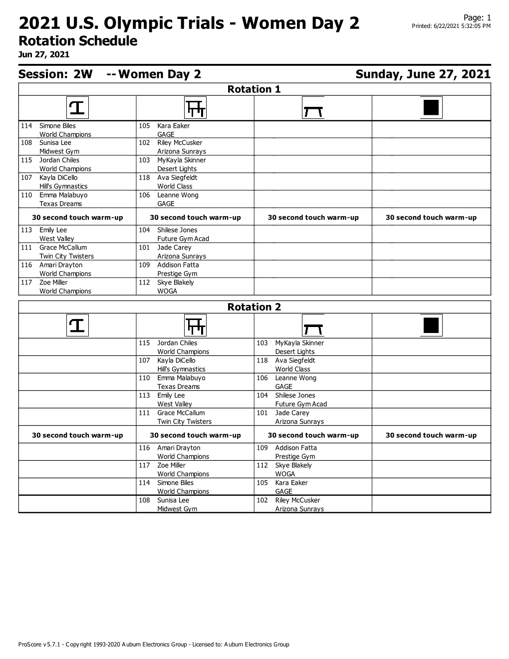 2021 U.S. Olympic Trials - Women Day 2 Printed: 6/22/2021 5:32:05 PM Rotation Schedule Jun 27, 2021 Session: 2W -- Women Day 2 Sunday, June 27, 2021 Rotation 1