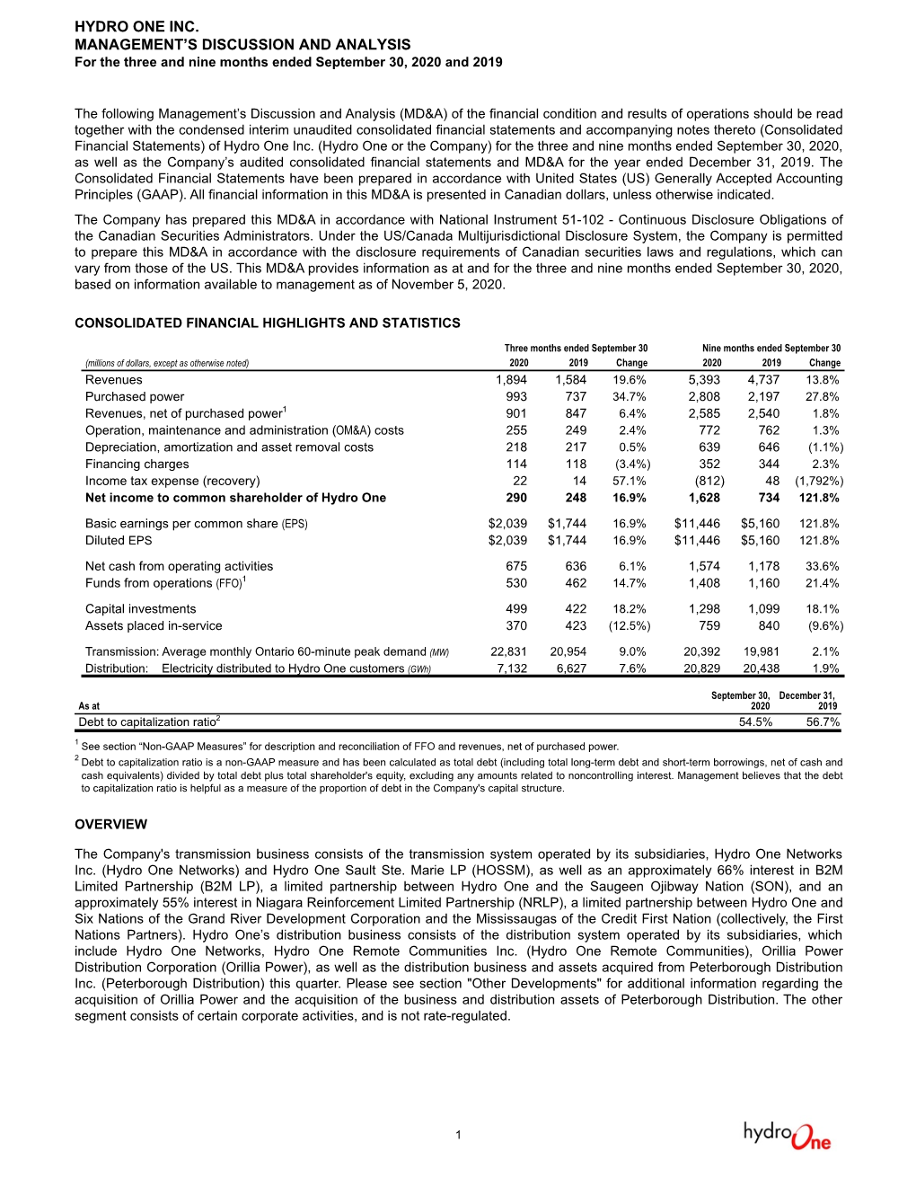 HYDRO ONE INC. MANAGEMENT’S DISCUSSION and ANALYSIS for the Three and Nine Months Ended September 30, 2020 and 2019