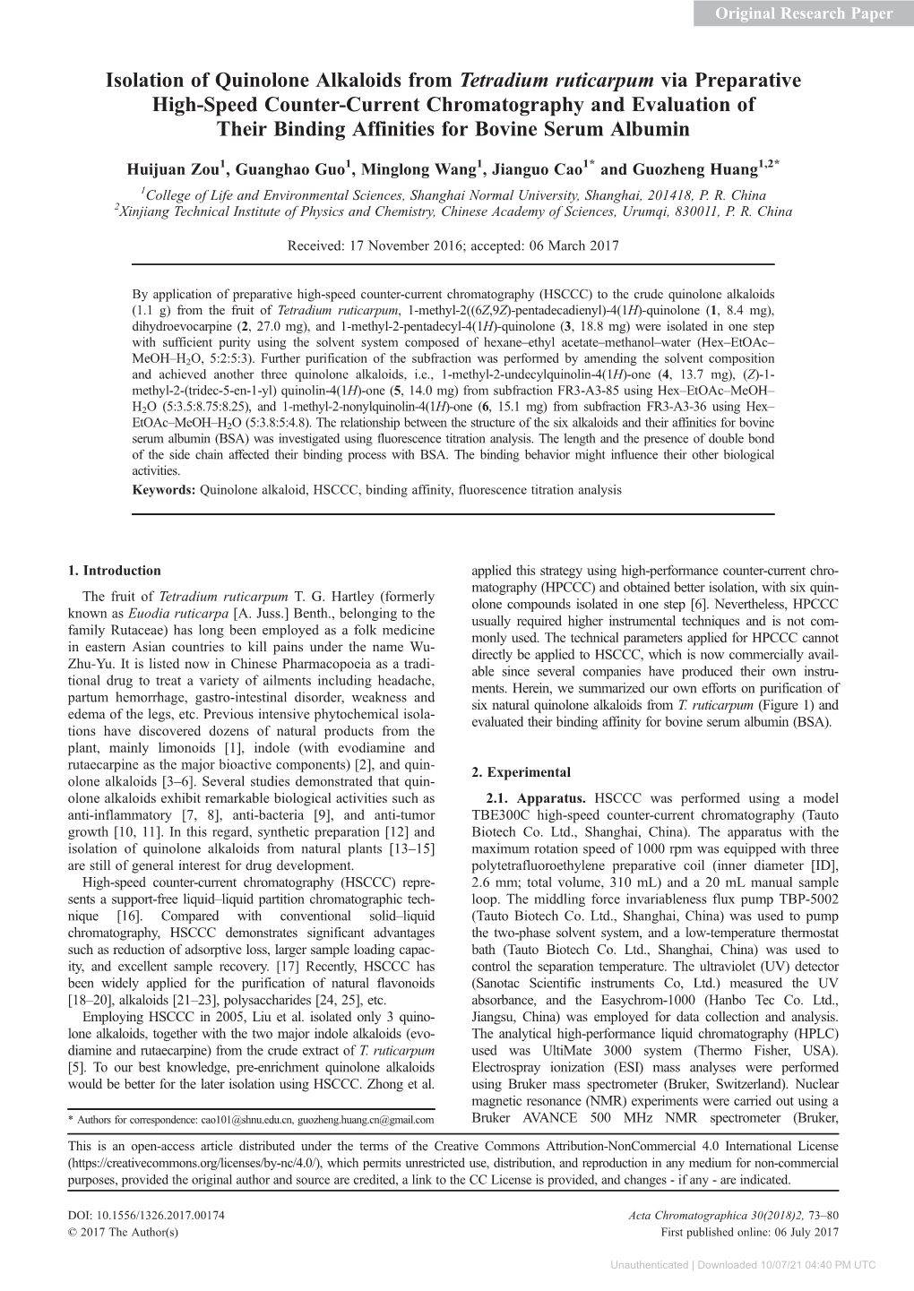 Isolation of Quinolone Alkaloids from Tetradium Ruticarpum Via