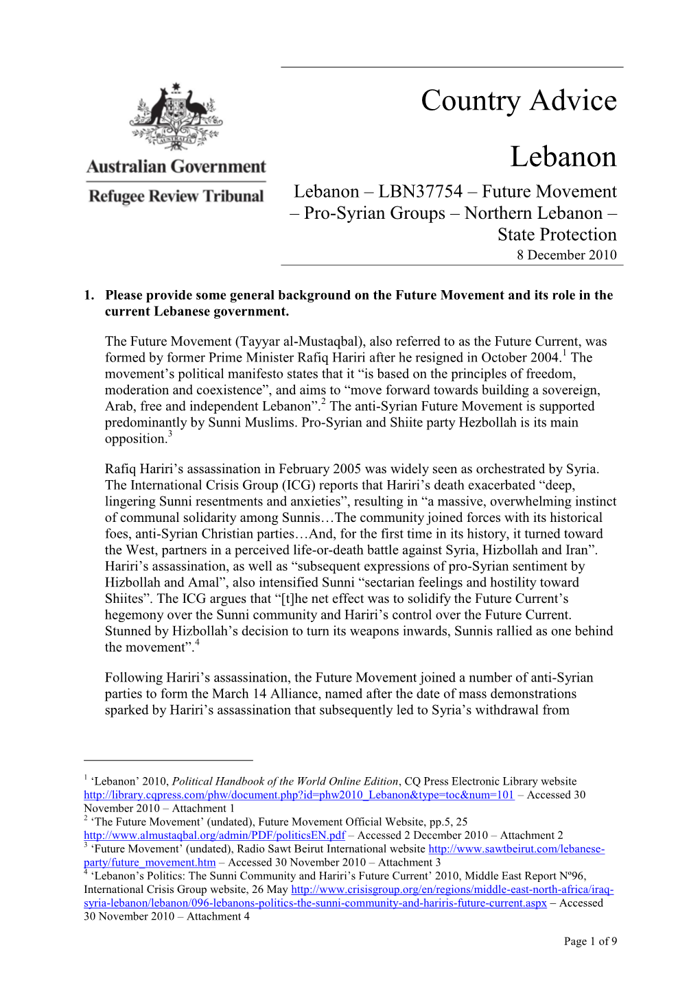 Future Movement – Pro-Syrian Groups – Northern Lebanon