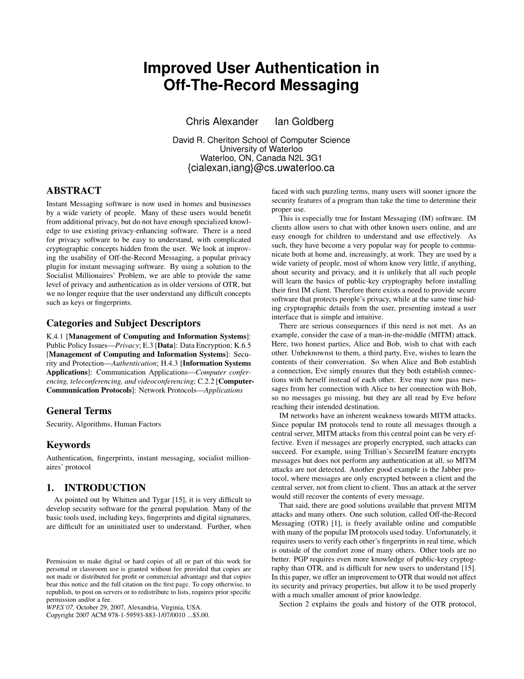 Improved User Authentication in Off-The-Record Messaging