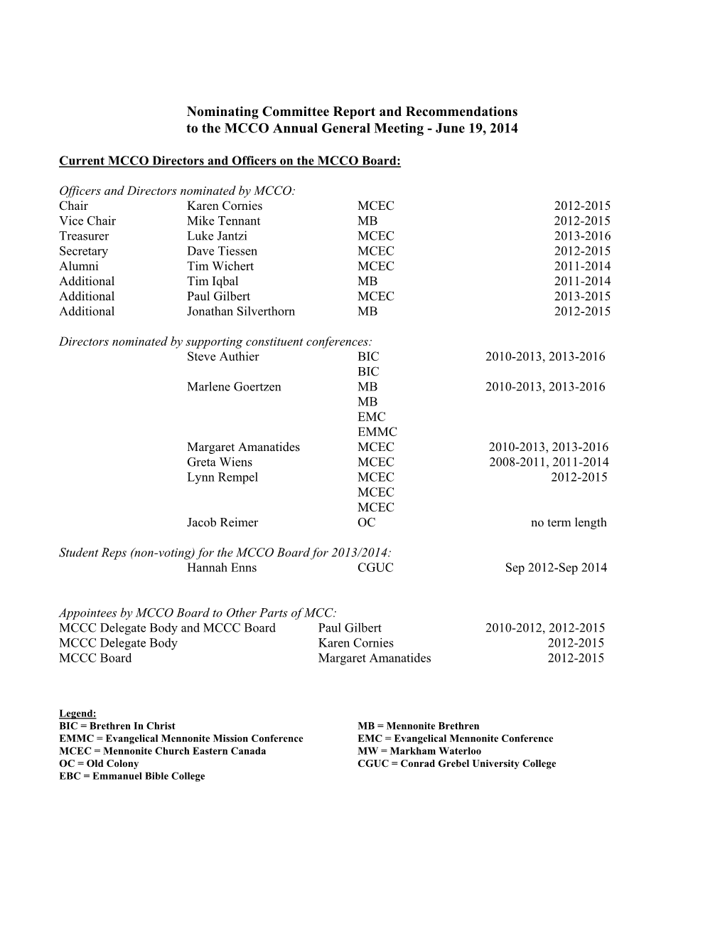 Nominating Committee Report and Recommendations to the MCCO Annual General Meeting - June 19, 2014