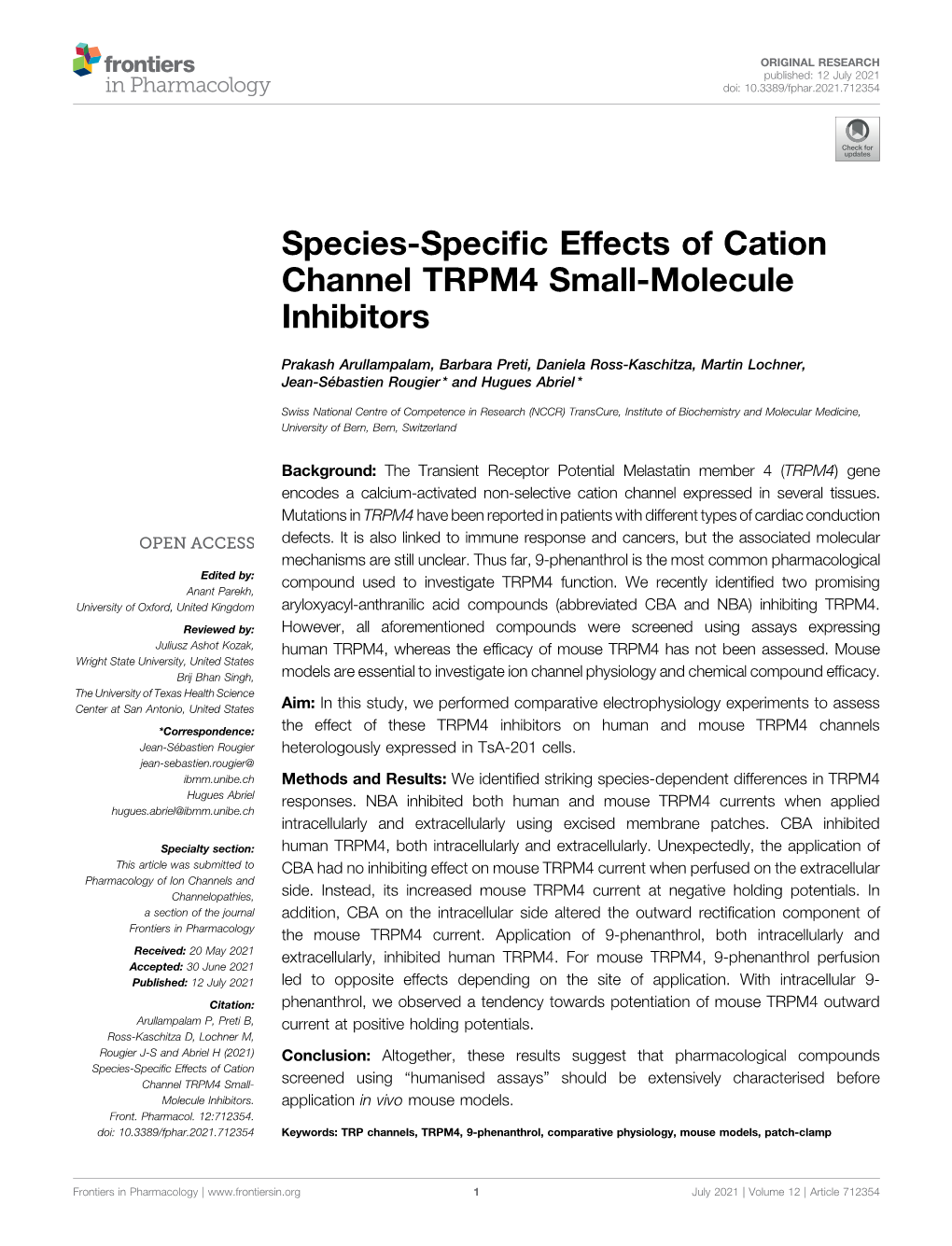 Species-Specific Effects of Cation Channel TRPM4 Small