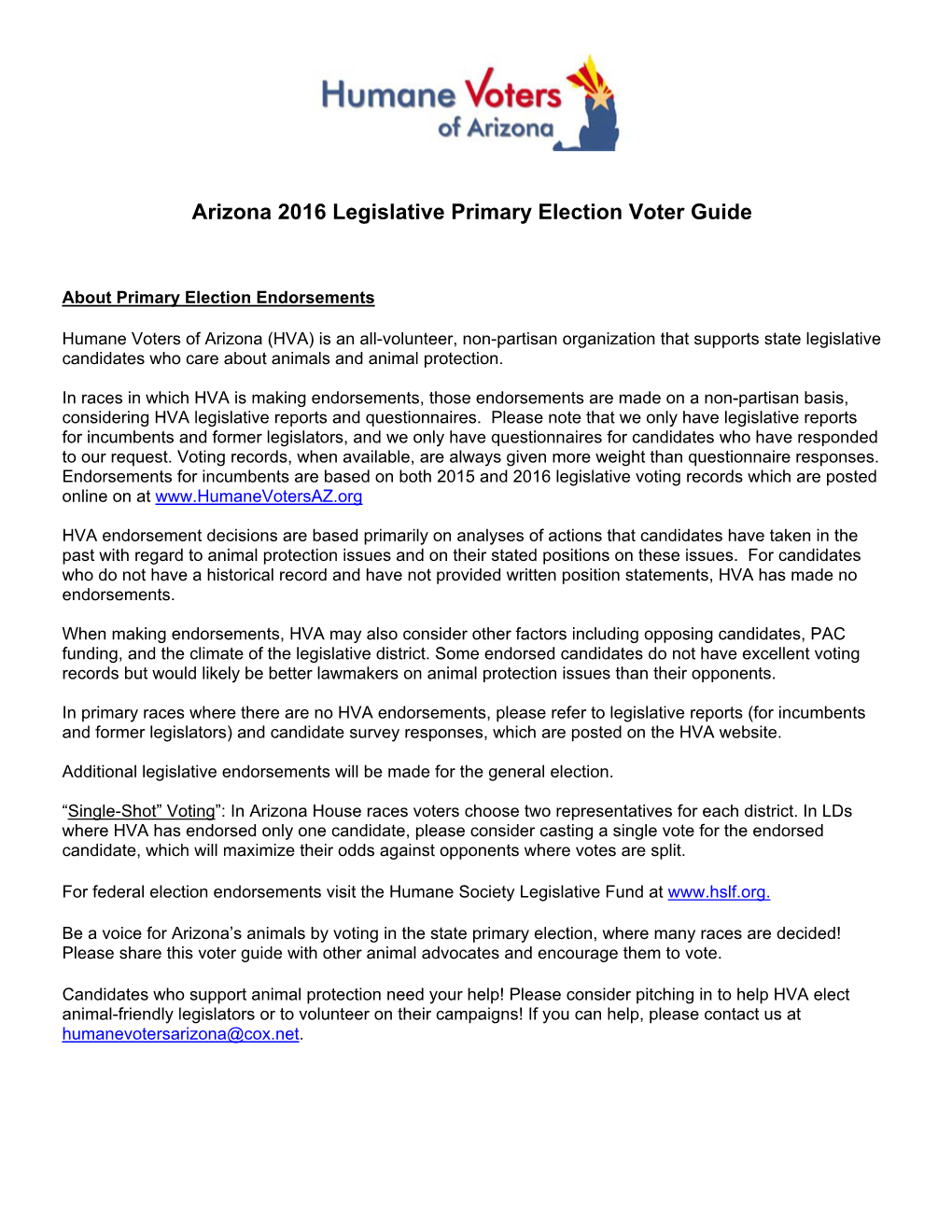 Arizona 2016 Legislative Primary Election Voter Guide