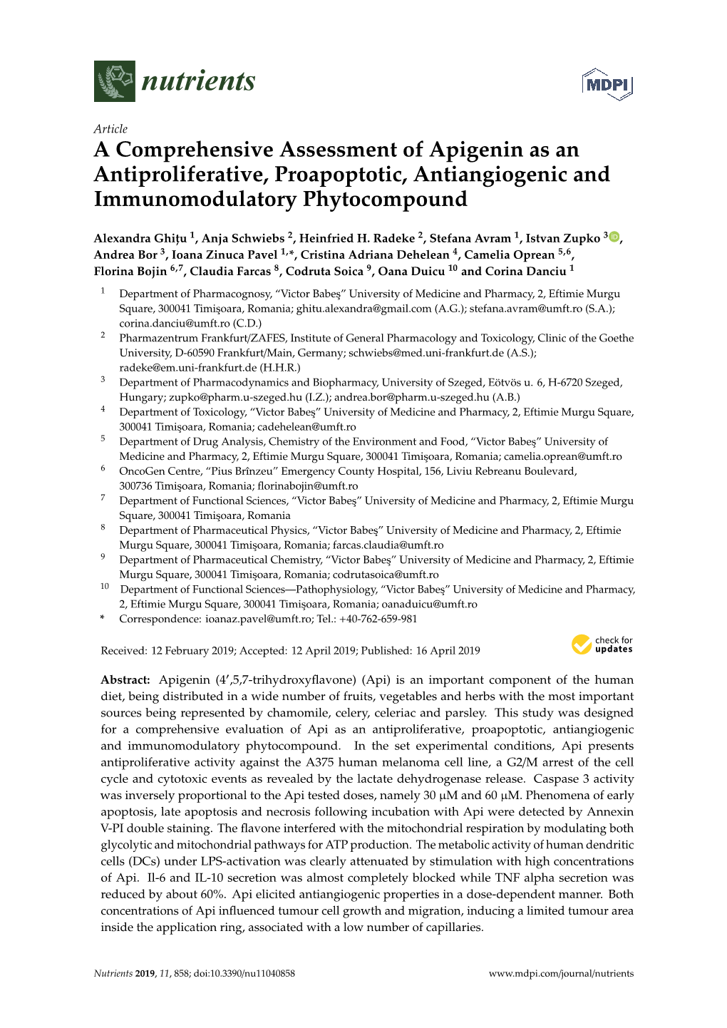 A Comprehensive Assessment of Apigenin As an Antiproliferative, Proapoptotic, Antiangiogenic and Immunomodulatory Phytocompound
