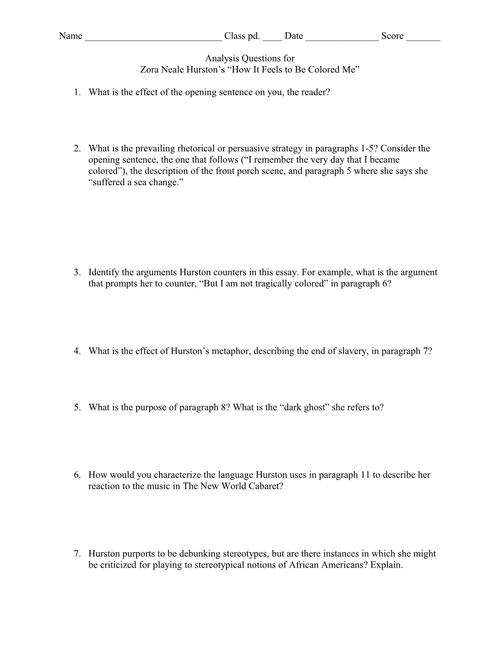 Analysis Questions For Zora Neale Hurston’S “How It Feels To Be Colored Me”