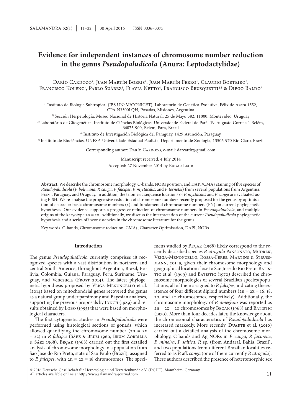 Evidence for Independent Instances of Chromosome Number Reduction in the Genus Pseudopaludicola (Anura: Leptodactylidae)