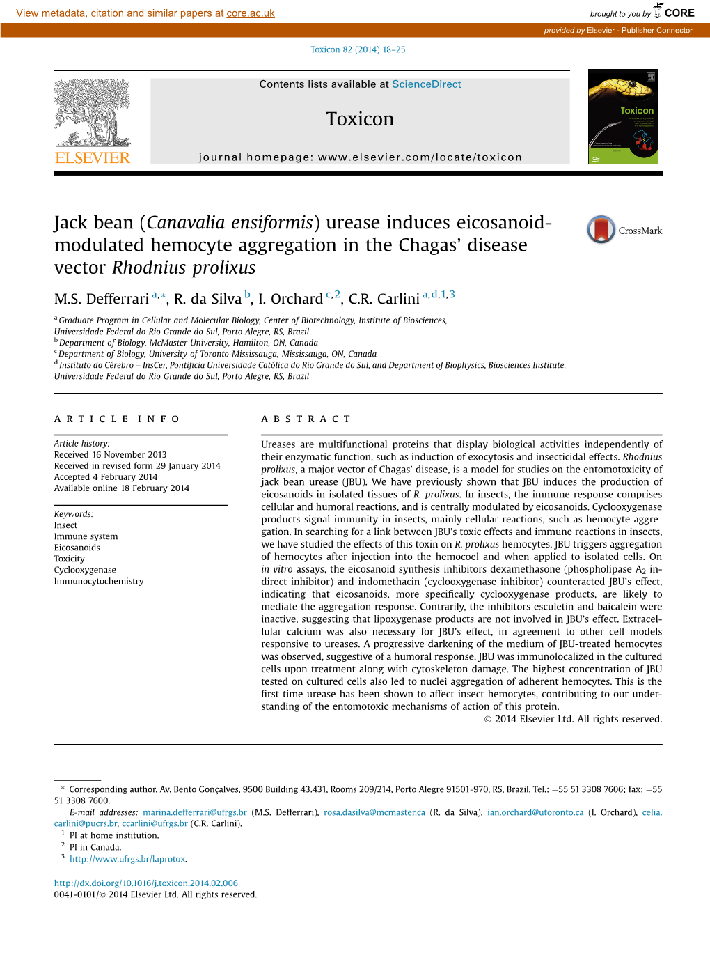 Canavalia Ensiformis) Urease Induces Eicosanoid- Modulated Hemocyte Aggregation in the Chagas’ Disease Vector Rhodnius Prolixus