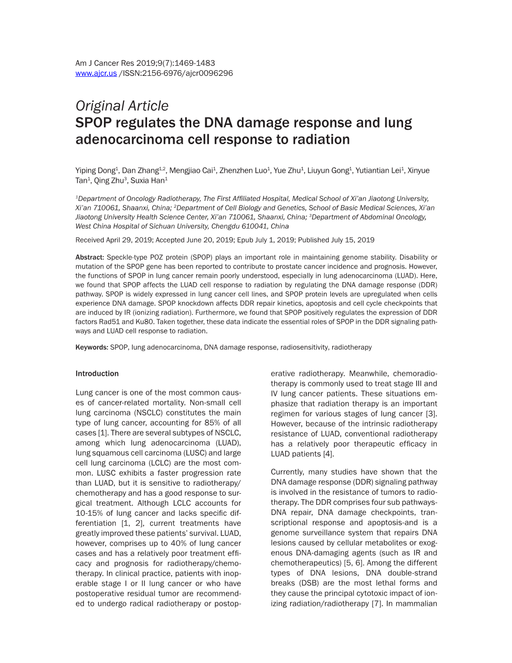 Original Article SPOP Regulates the DNA Damage Response and Lung Adenocarcinoma Cell Response to Radiation