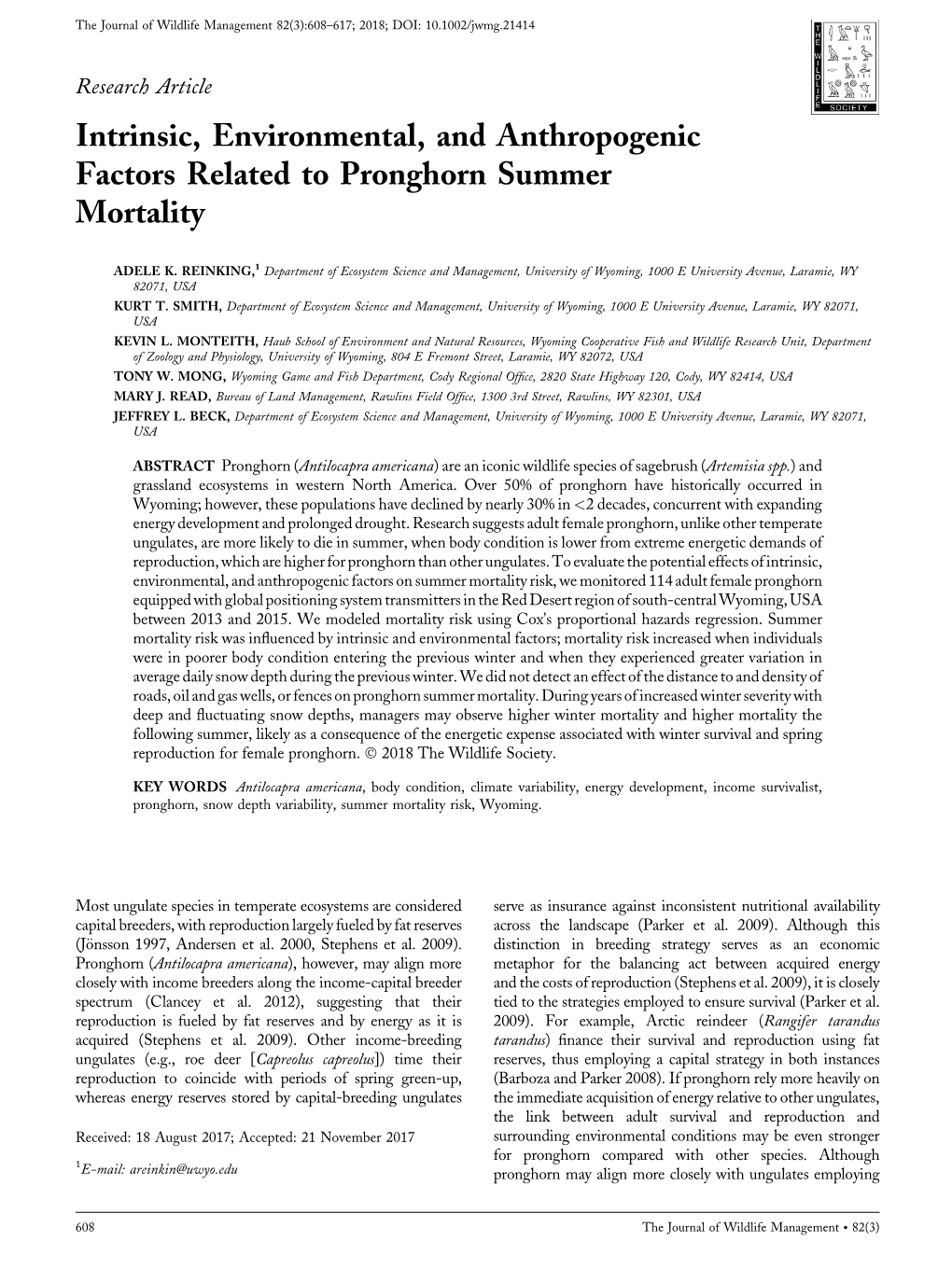 Intrinsic, Environmental, and Anthropogenic Factors Related to Pronghorn Summer Mortality