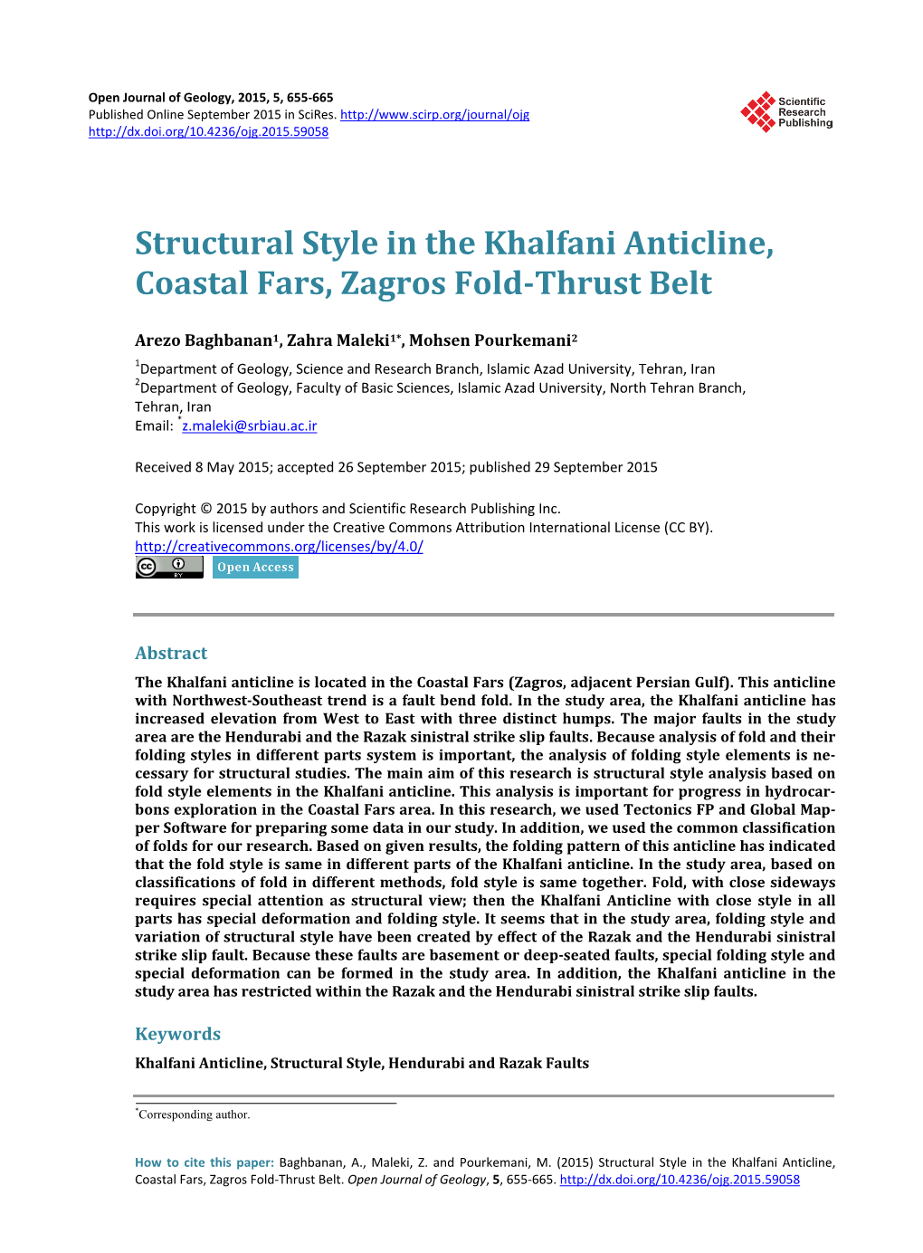 Structural Style in the Khalfani Anticline, Coastal Fars, Zagros Fold-Thrust Belt