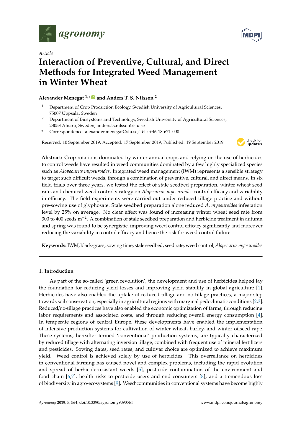 Interaction of Preventive, Cultural, and Direct Methods for Integrated Weed Management in Winter Wheat