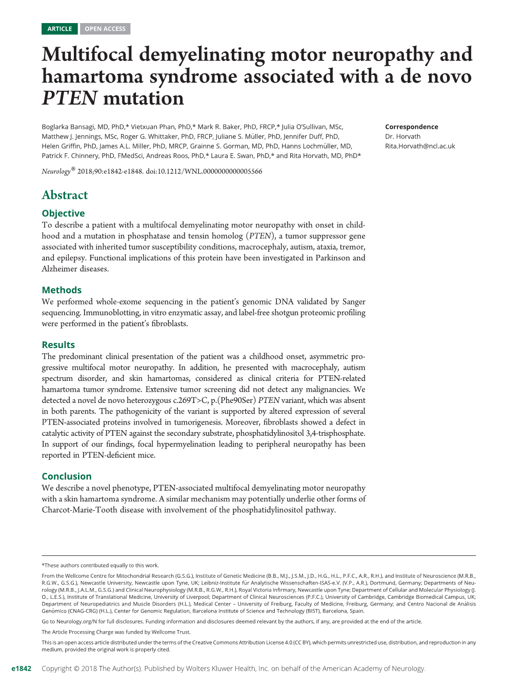 Multifocal Demyelinating Motor Neuropathy and Hamartoma Syndrome Associated with a De Novo PTEN Mutation