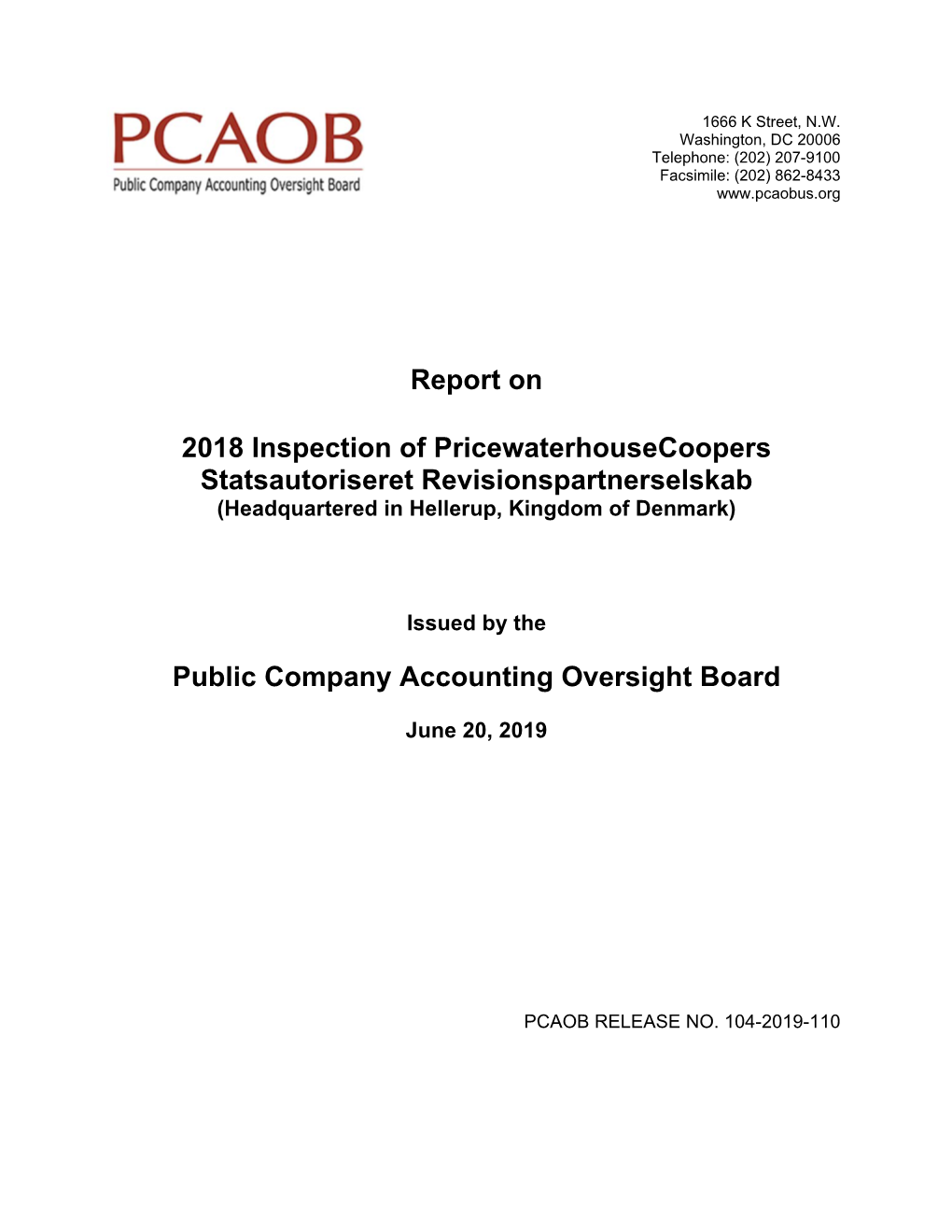 Report on 2018 Inspection of Pricewaterhousecoopers