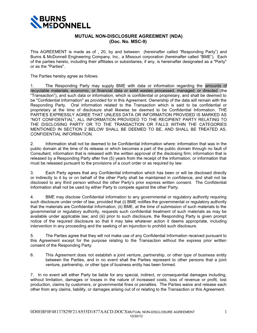 MSC-9 Mutual Non-Disclosure Agreement