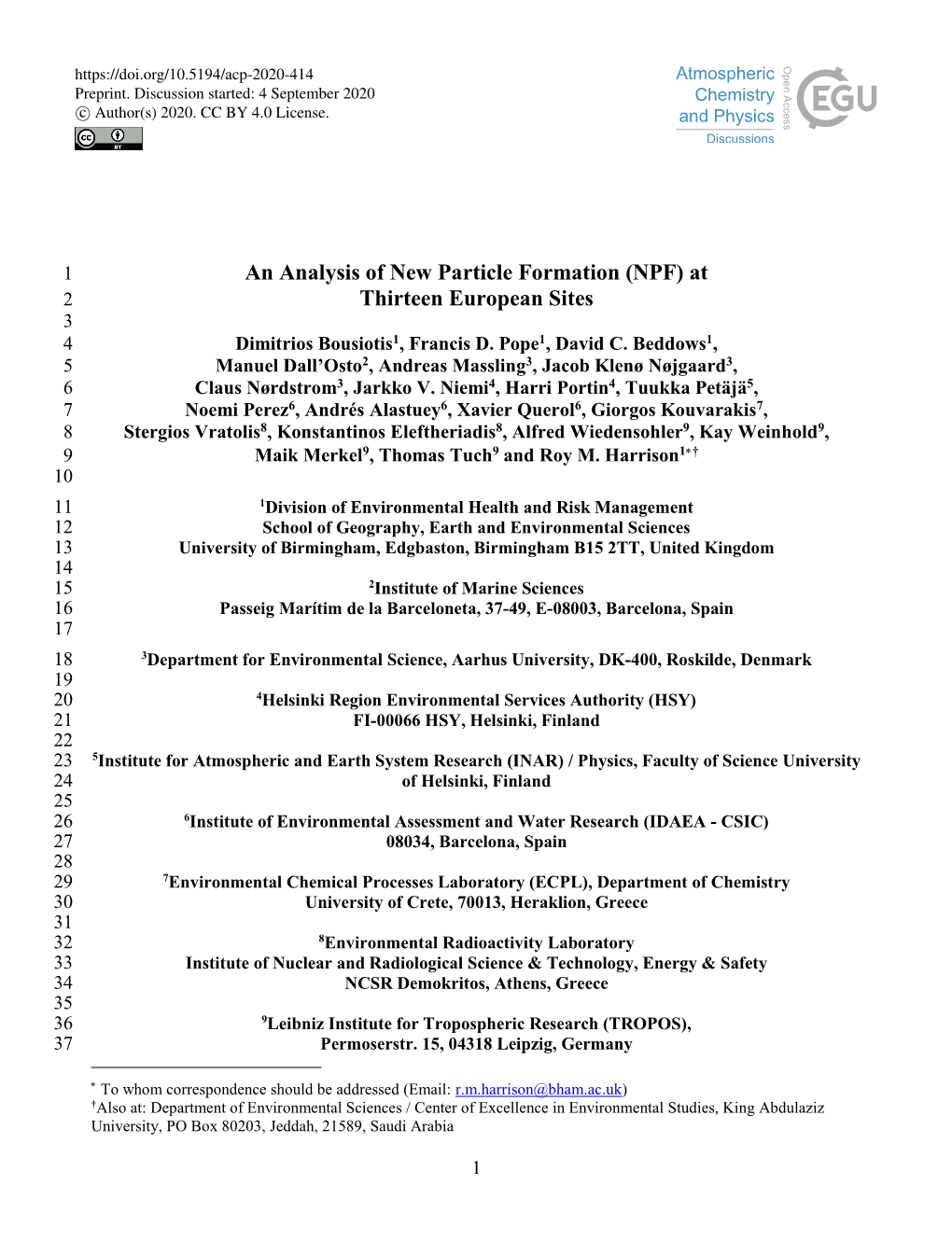 An Analysis of New Particle Formation (NPF) at Thirteen European Sites