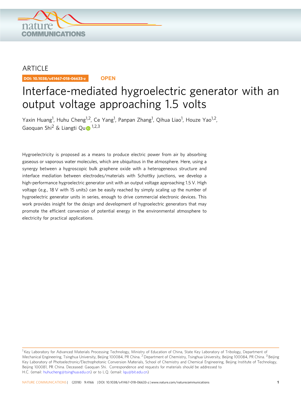 Interface-Mediated Hygroelectric Generator with an Output Voltage Approaching 1.5 Volts