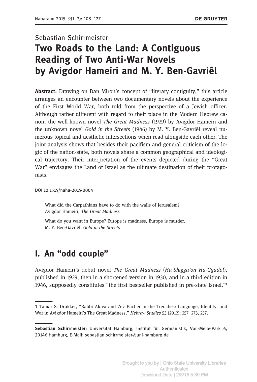 A Contiguous Reading of Two Anti-War Novels by Avigdor Hameiri and MY Ben-Gavriêl