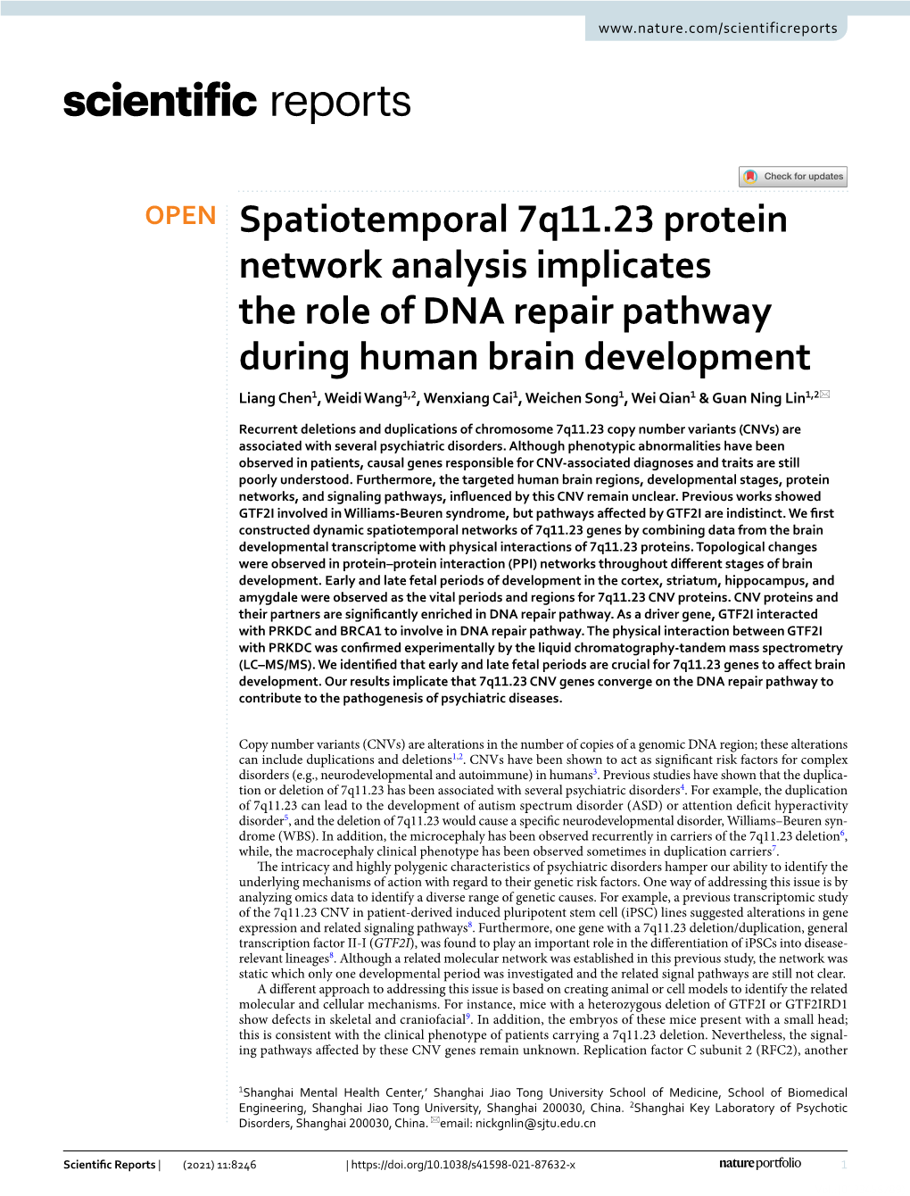 Spatiotemporal 7Q11.23 Protein Network Analysis Implicates the Role of DNA Repair Pathway During Human Brain Development