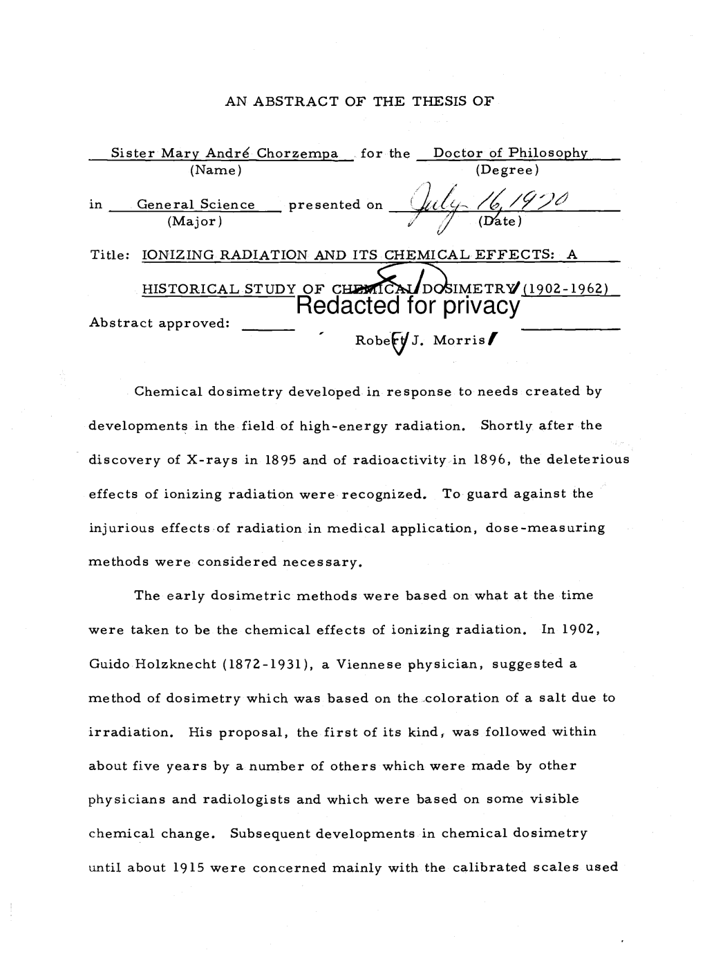 A Historical Study of Chemical Dosimetry (1902-1962)