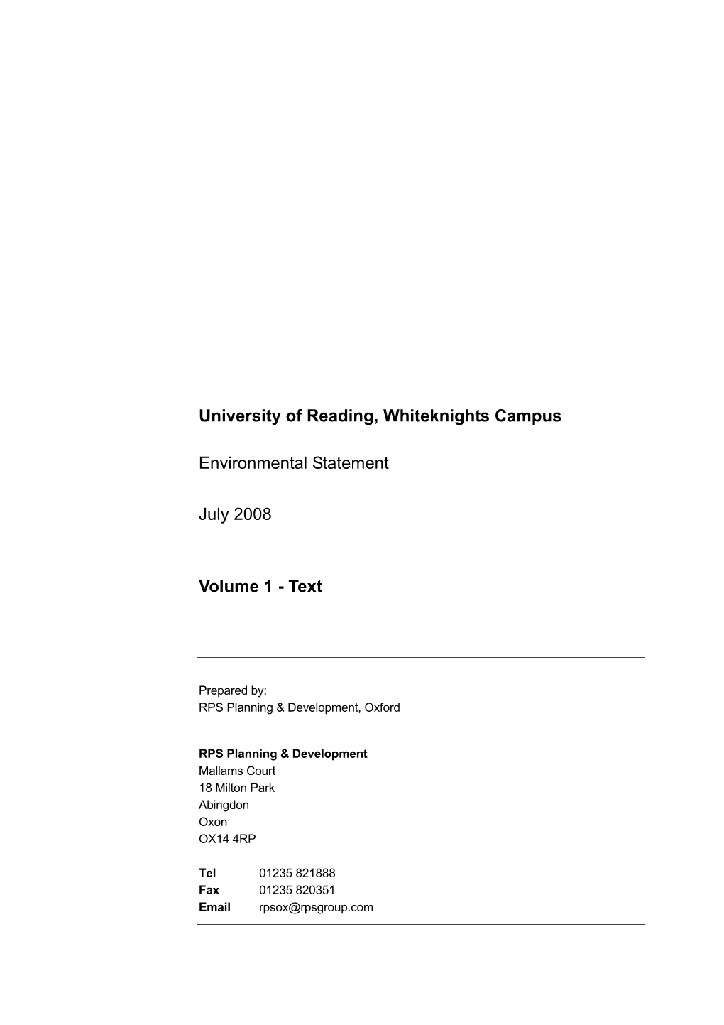 University of Reading, Whiteknights Campus Environmental Statement