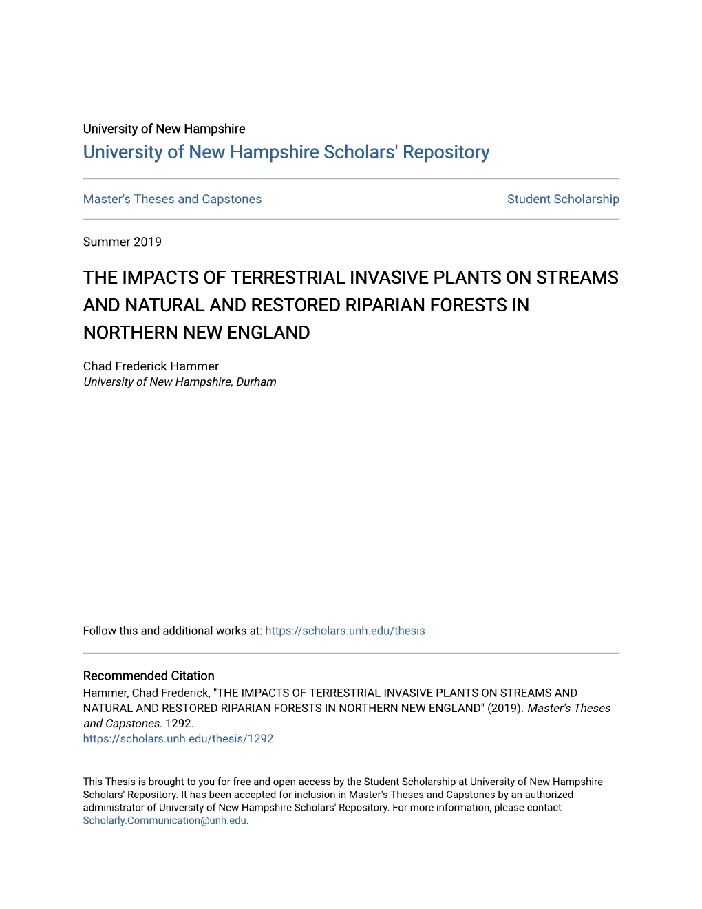 The Impacts of Terrestrial Invasive Plants on Streams and Natural and Restored Riparian Forests in Northern New England