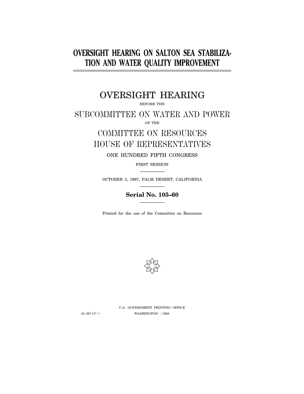 Oversight Hearing on Salton Sea Stabilization and Water Quality