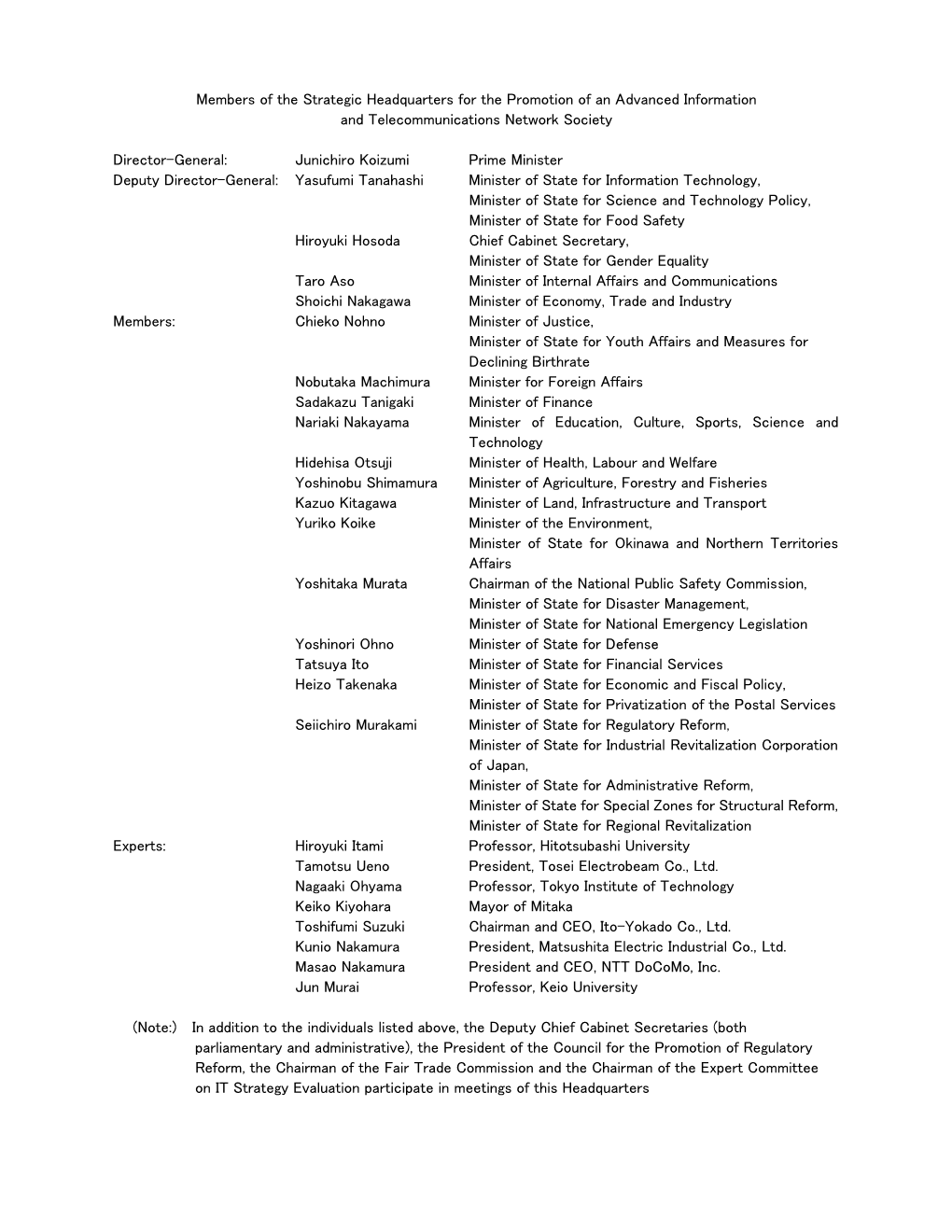 Members of the Strategic Headquarters for the Promotion of an Advanced Information and Telecommunications Network Society