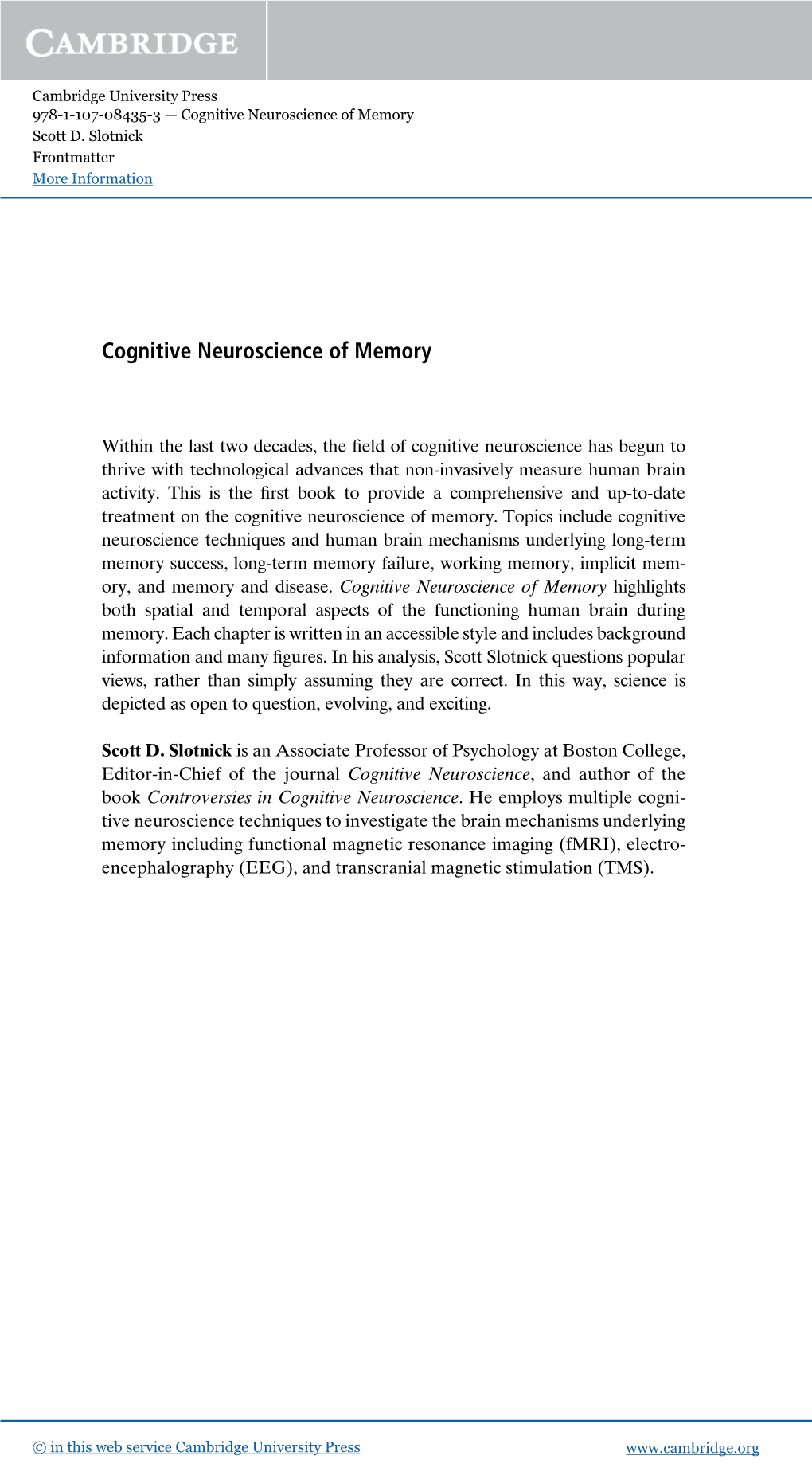 Cognitive Neuroscience of Memory Scott D