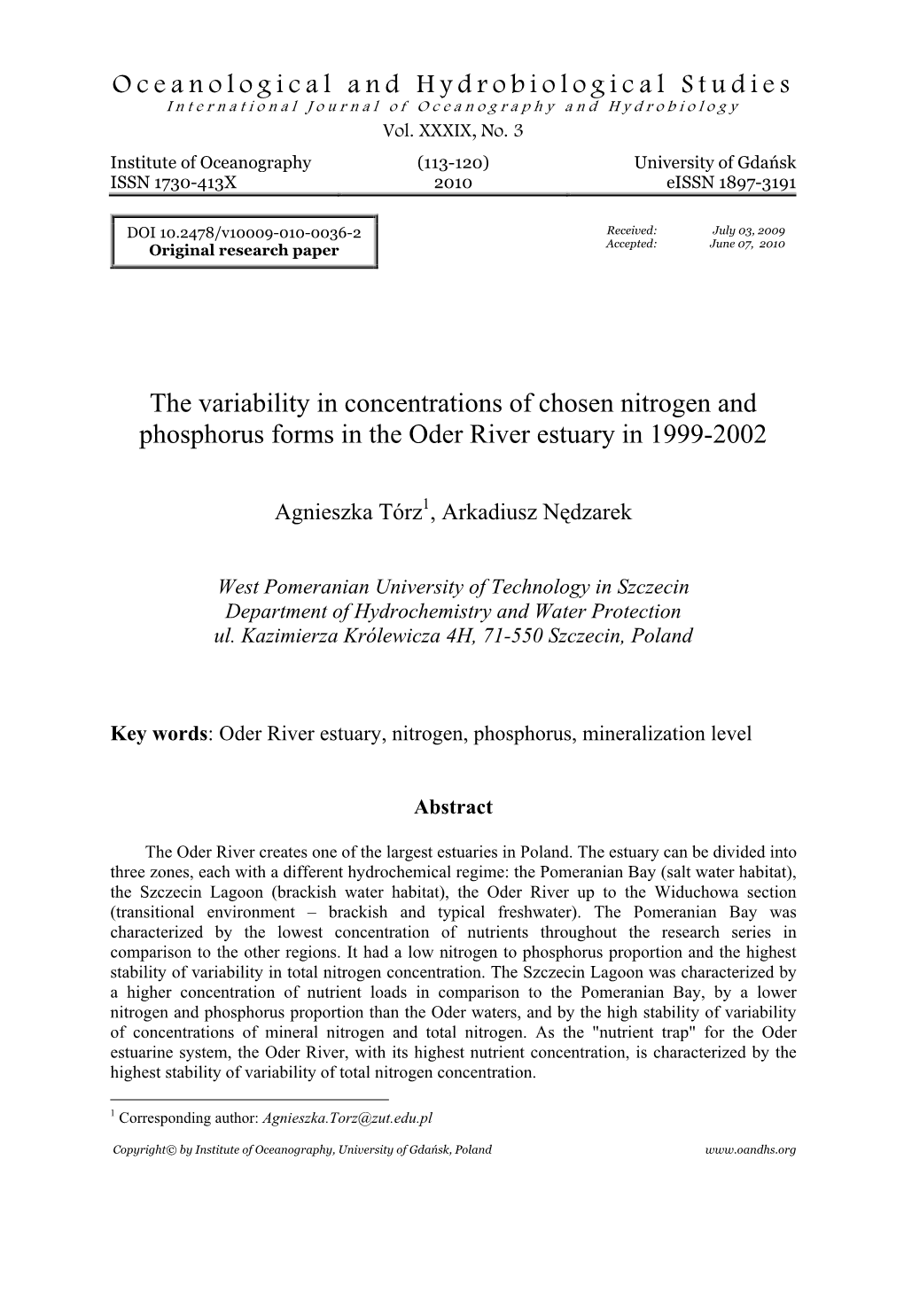 The Variability in Concentrations of Chosen Nitrogen and Phosphorus Forms in the Oder River Estuary in 1999-2002