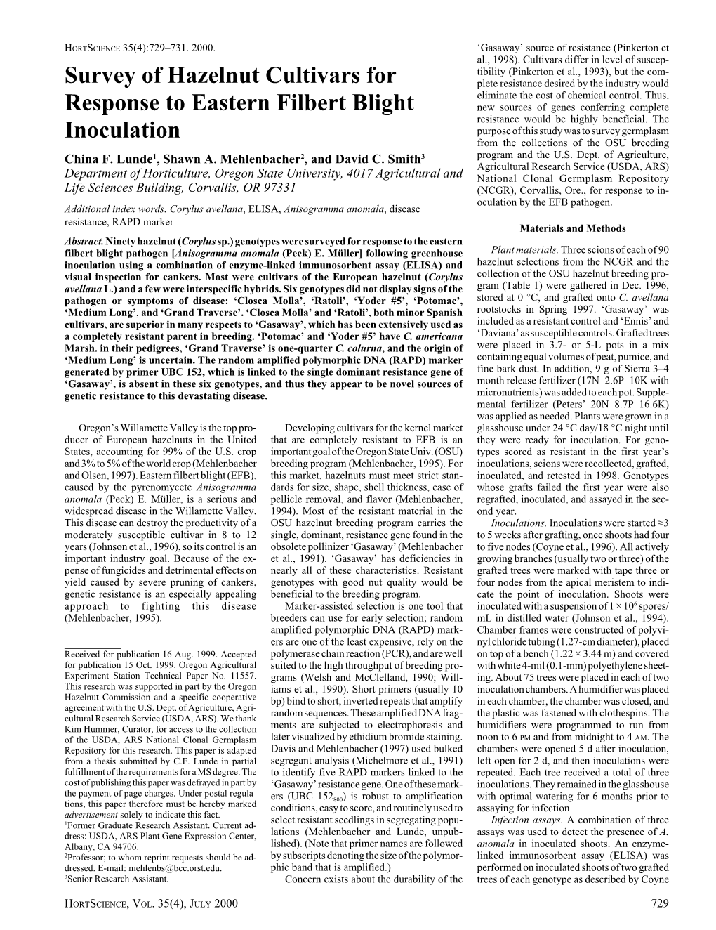 Survey of Hazelnut Cultivars for Response to Eastern Filbert Blight