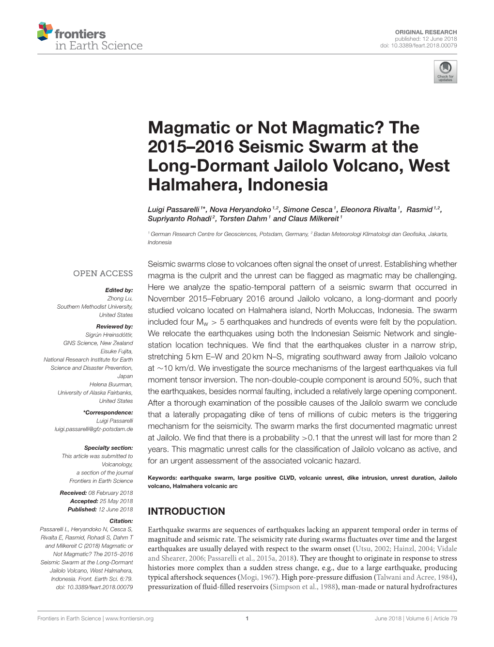 The 2015–2016 Seismic Swarm at the Long-Dormant Jailolo Volcano, West Halmahera, Indonesia