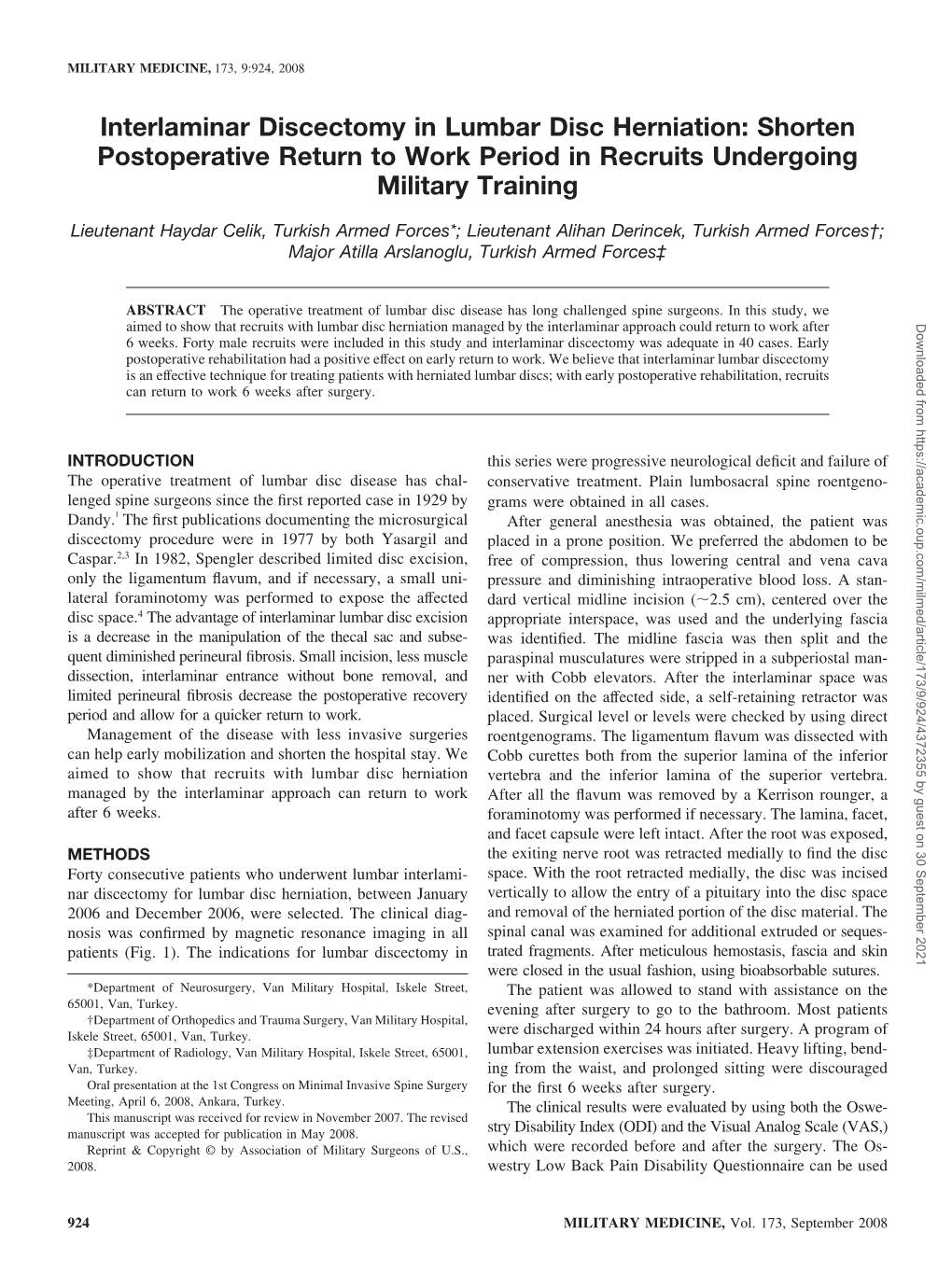 Interlaminar Discectomy in Lumbar Disc Herniation: Shorten Postoperative Return to Work Period in Recruits Undergoing Military Training