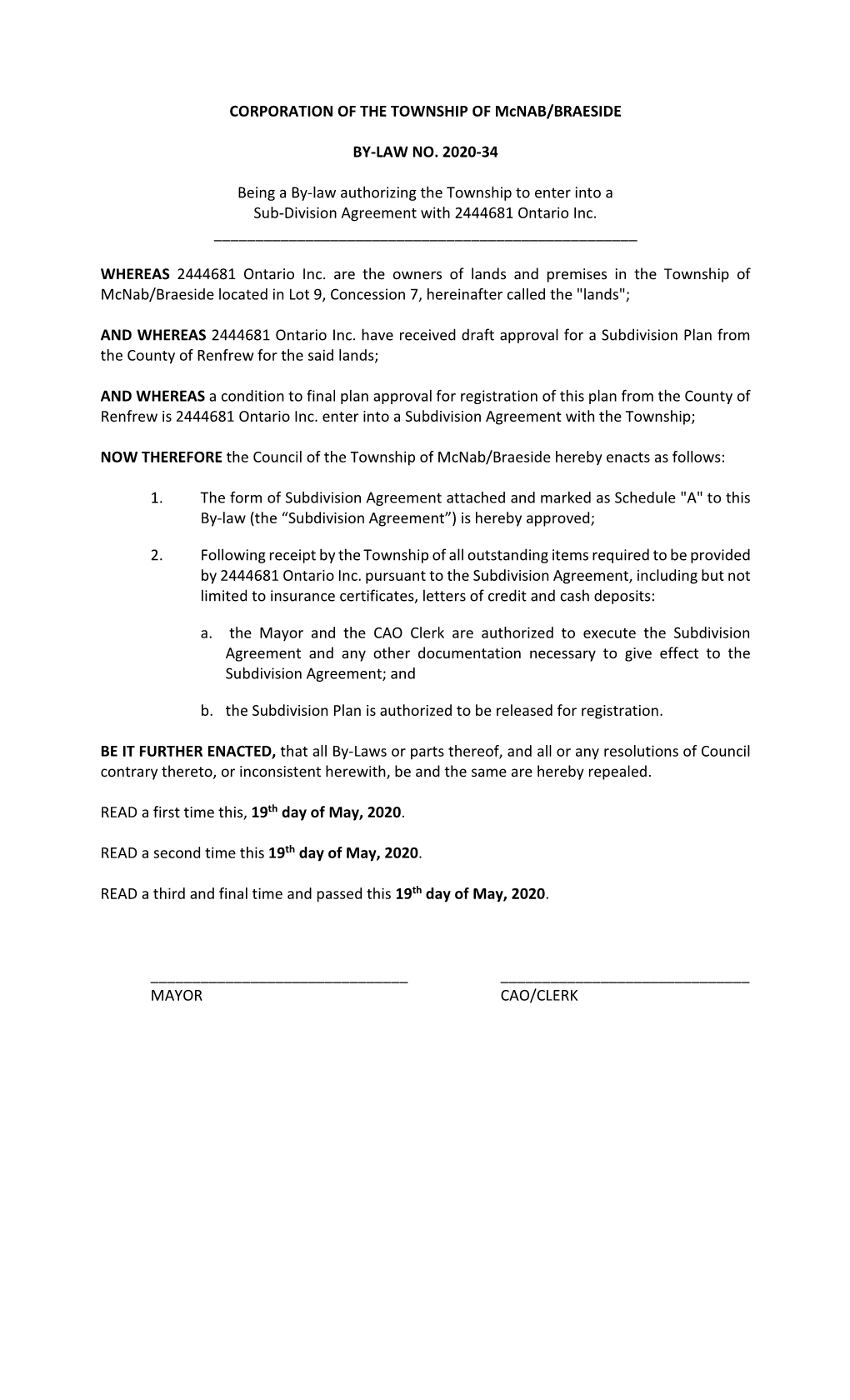 By-Law #2020-34 Madawaska Shores Subdivision Authorize Agreement