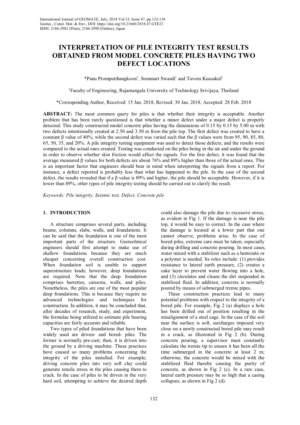 Interpretation of Pile Integrity Test Results Obtained from Model Concrete Piles Having Two Defect Locations