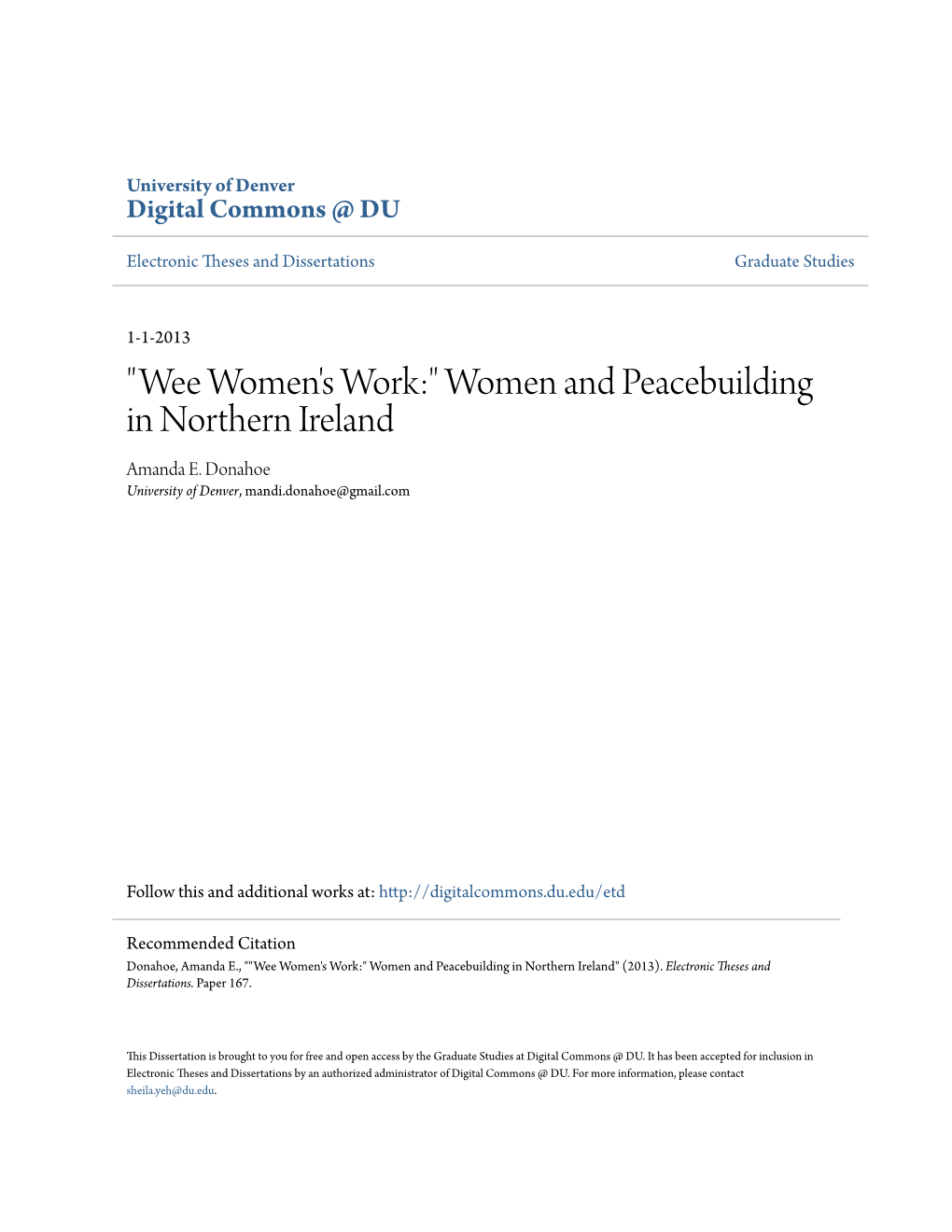 Women and Peacebuilding in Northern Ireland Amanda E