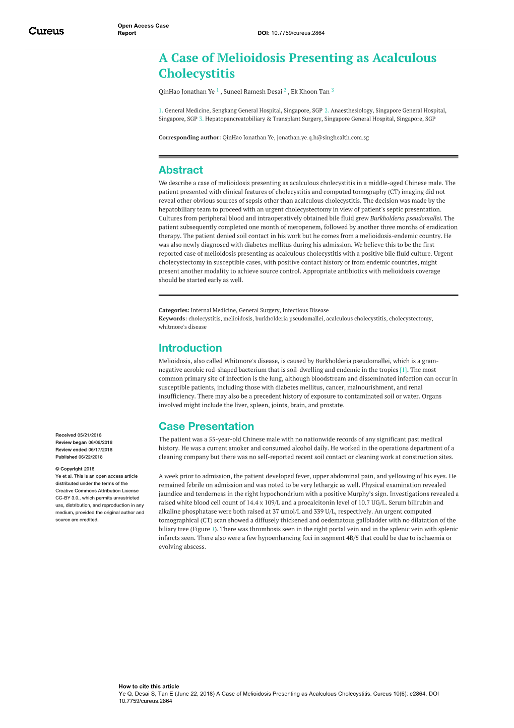 A Case of Melioidosis Presenting As Acalculous Cholecystitis