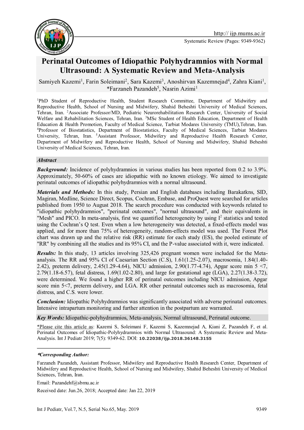 Perinatal Outcomes of Idiopathic Polyhydramnios with Normal