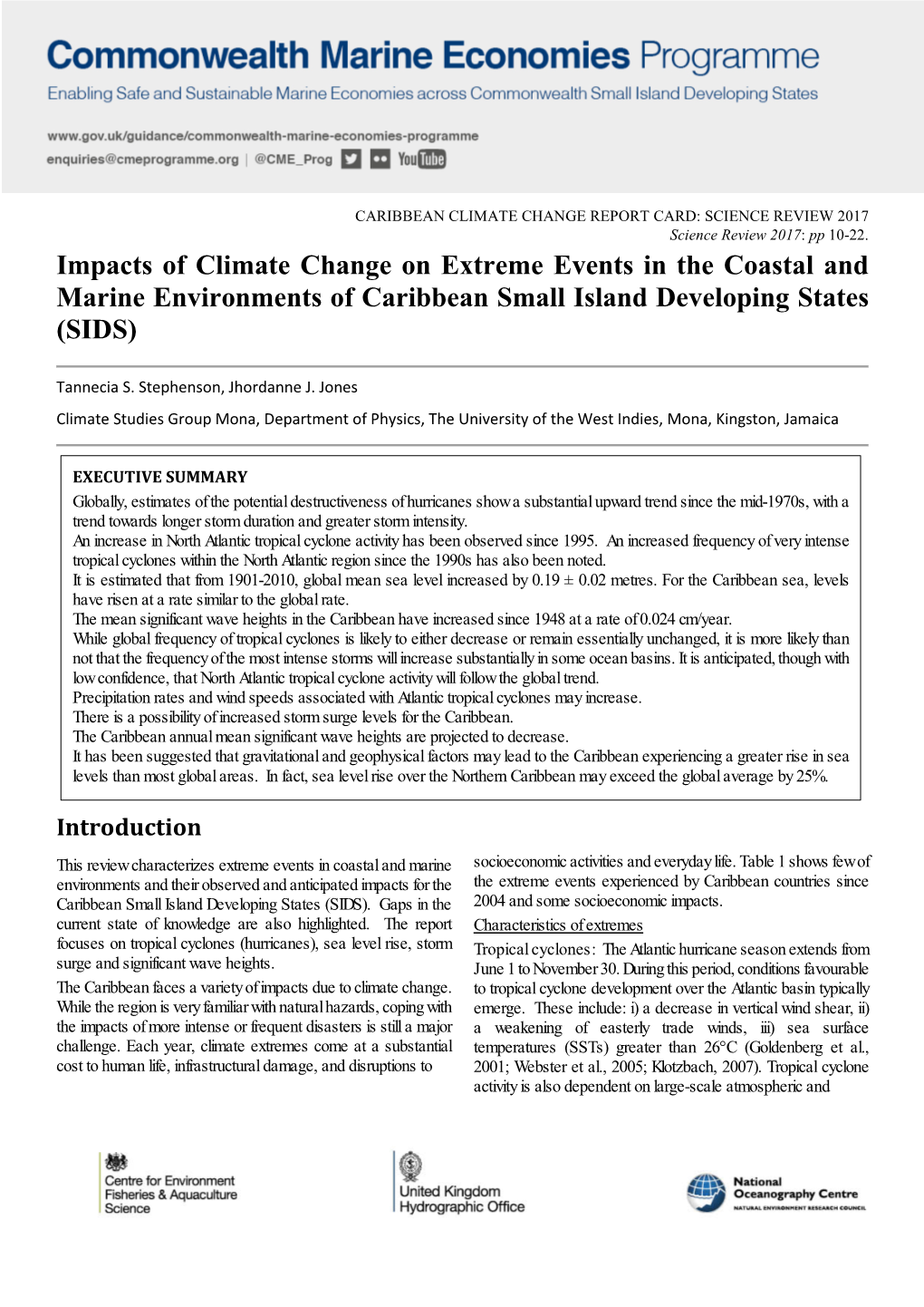 Impacts of Climate Change on Extreme Events in the Coastal and Marine Environments of Caribbean Small Island Developing States (SIDS)