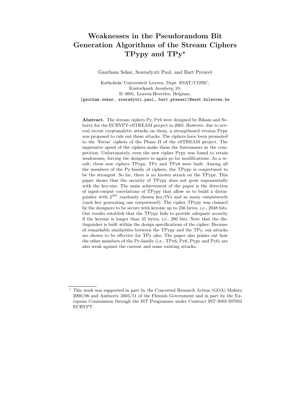 Weaknesses in the Pseudorandom Bit Generation Algorithms of the Stream Ciphers Tpypy and Tpy⋆