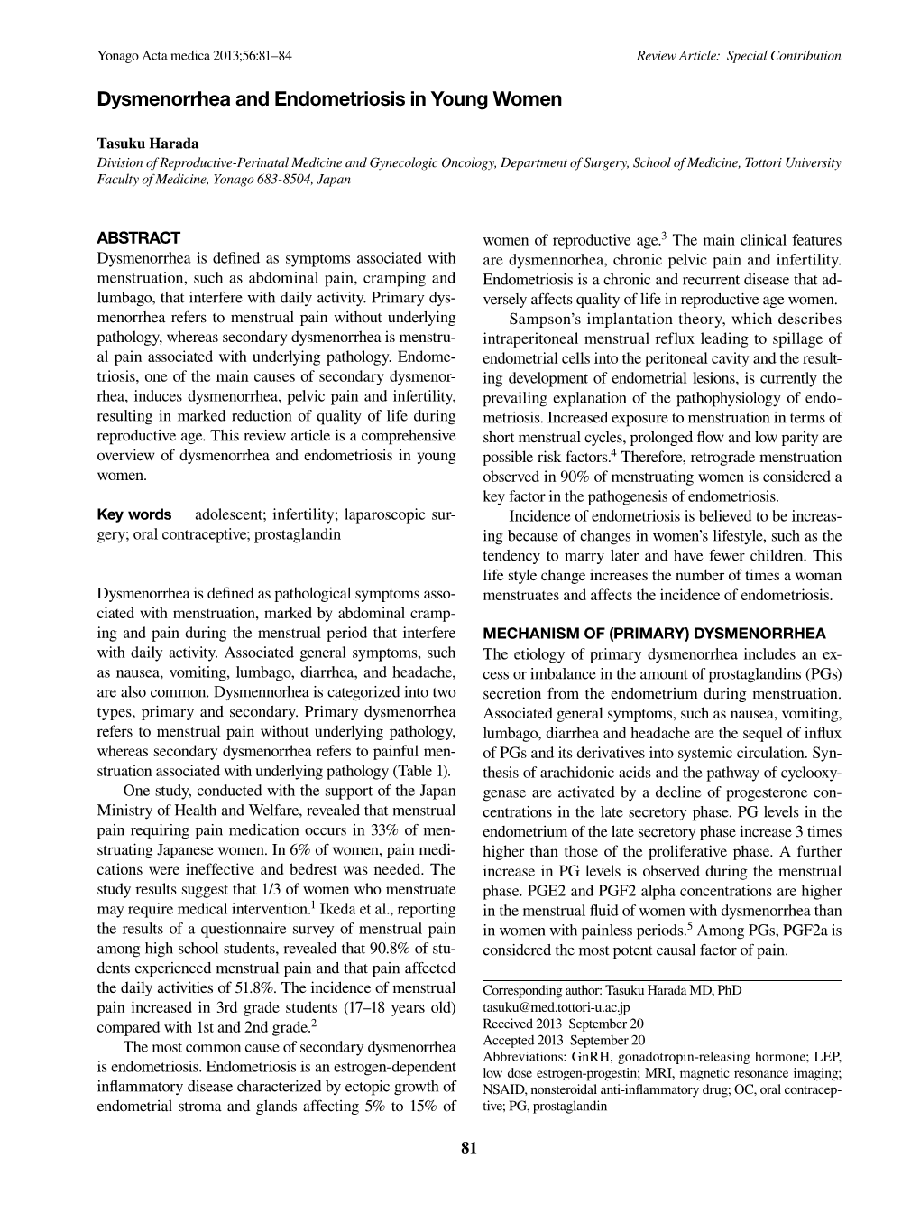 Dysmenorrhea and Endometriosis in Young Women