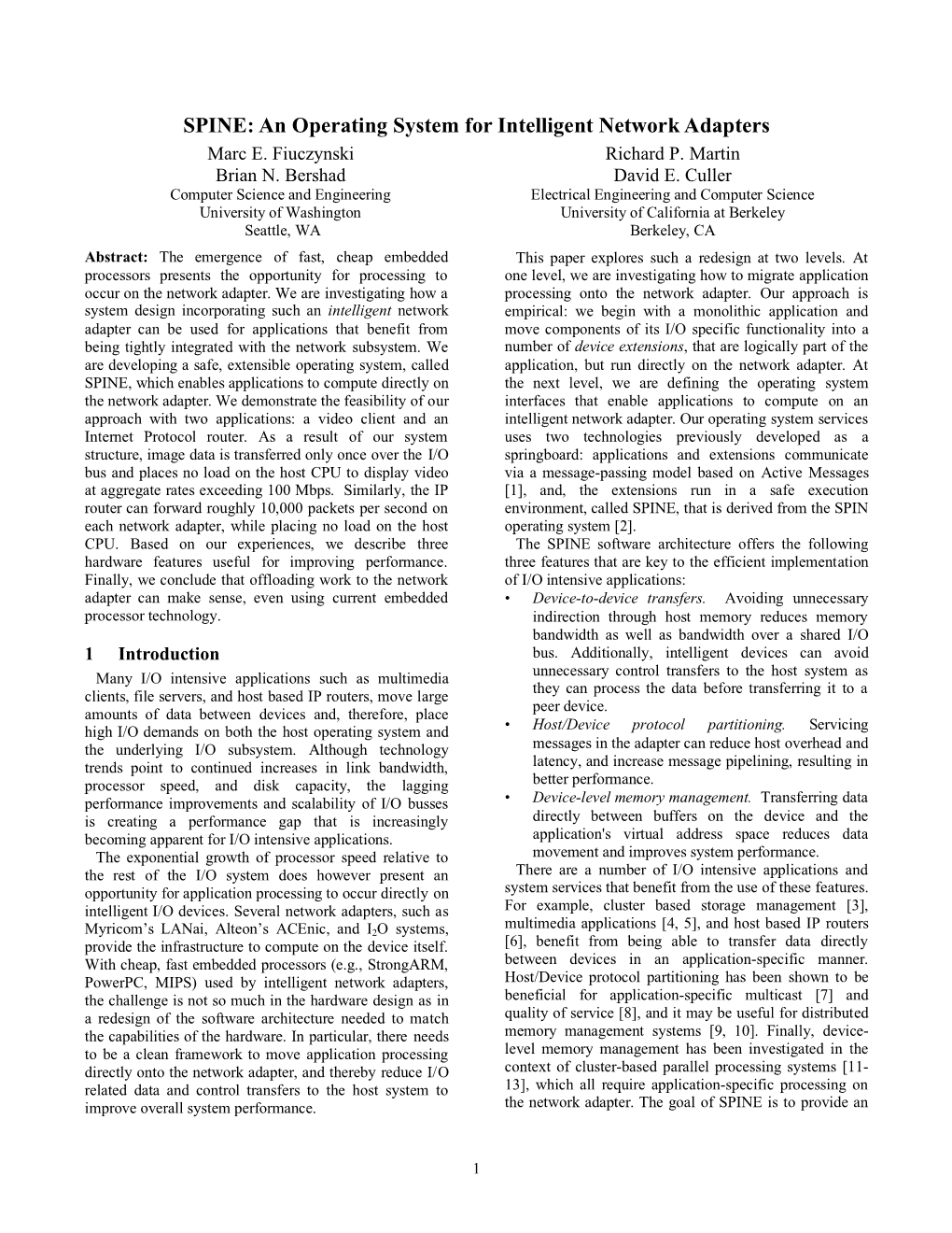 SPINE: an Operating System for Intelligent Network Adapters Marc E