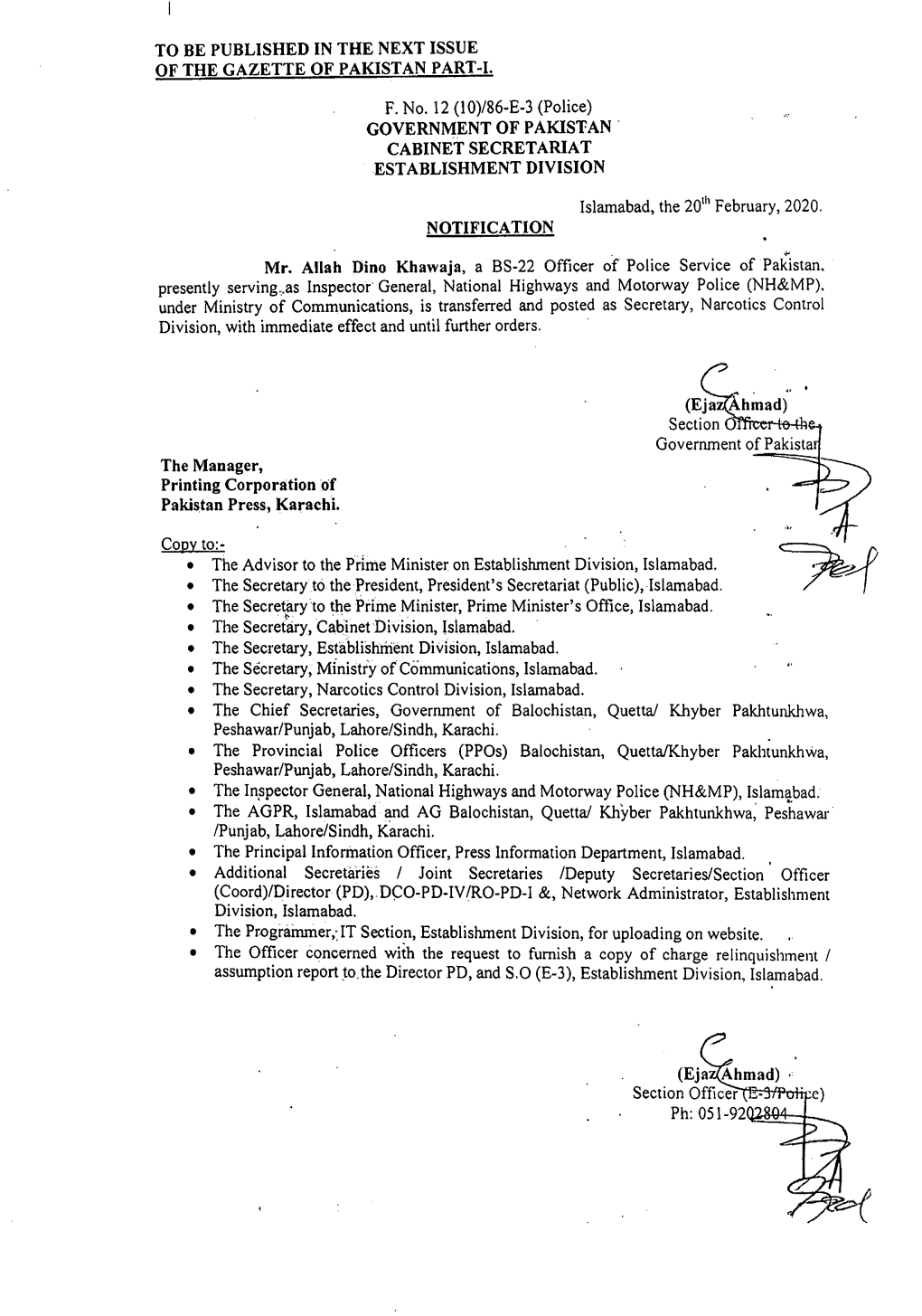 Police) GOVERNMENT of PAKISTAN CABINET SECRETARIAT ESTABLISHMENT DIVISION 20Th Islamabad, the February, 2020
